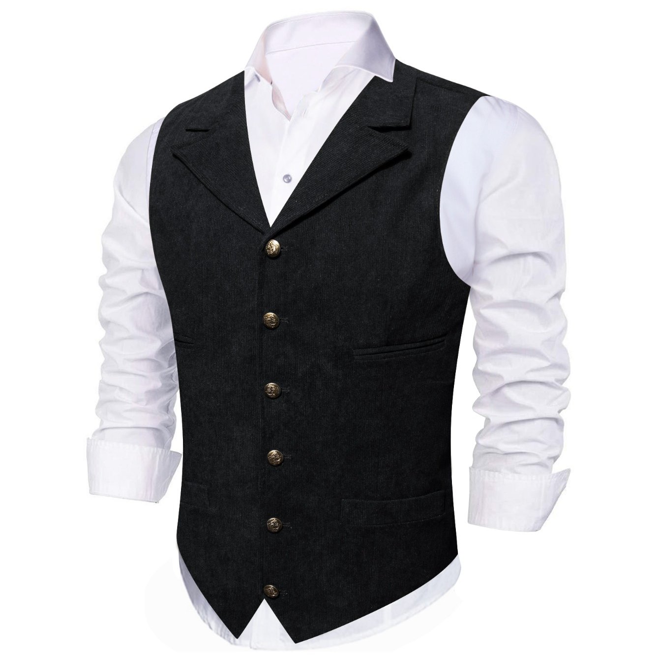 Men' Black Notch Lapel Waistcoat, Breasted Suit Vest With Golden Buttons For Business Casual Party