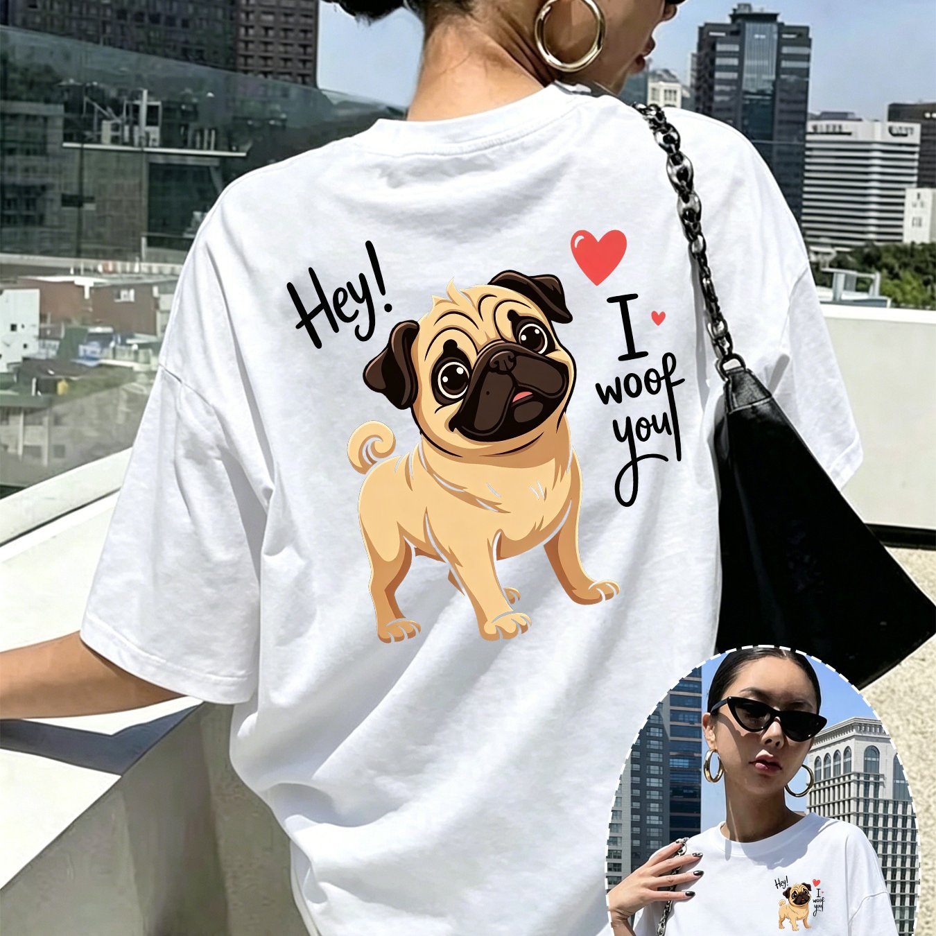 TEMU Front And Back Printed Short-sleeve T-shirt Featuring A Pug, Pattern, Women'-piece Trendy Casual Top, Short-sleeve Crewneck Casual Top, For