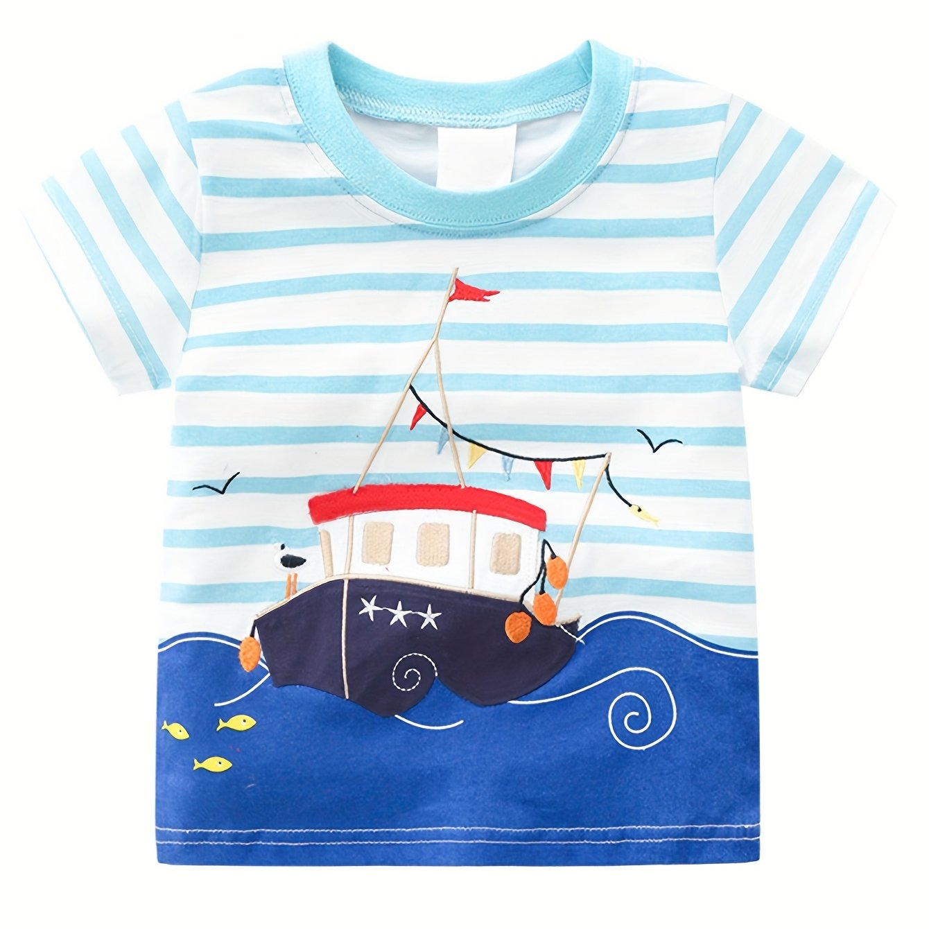 New Summer Cartoon Short-sleeve T-shirt For Boys Featuring A Print Ship, Suitable For Young Children