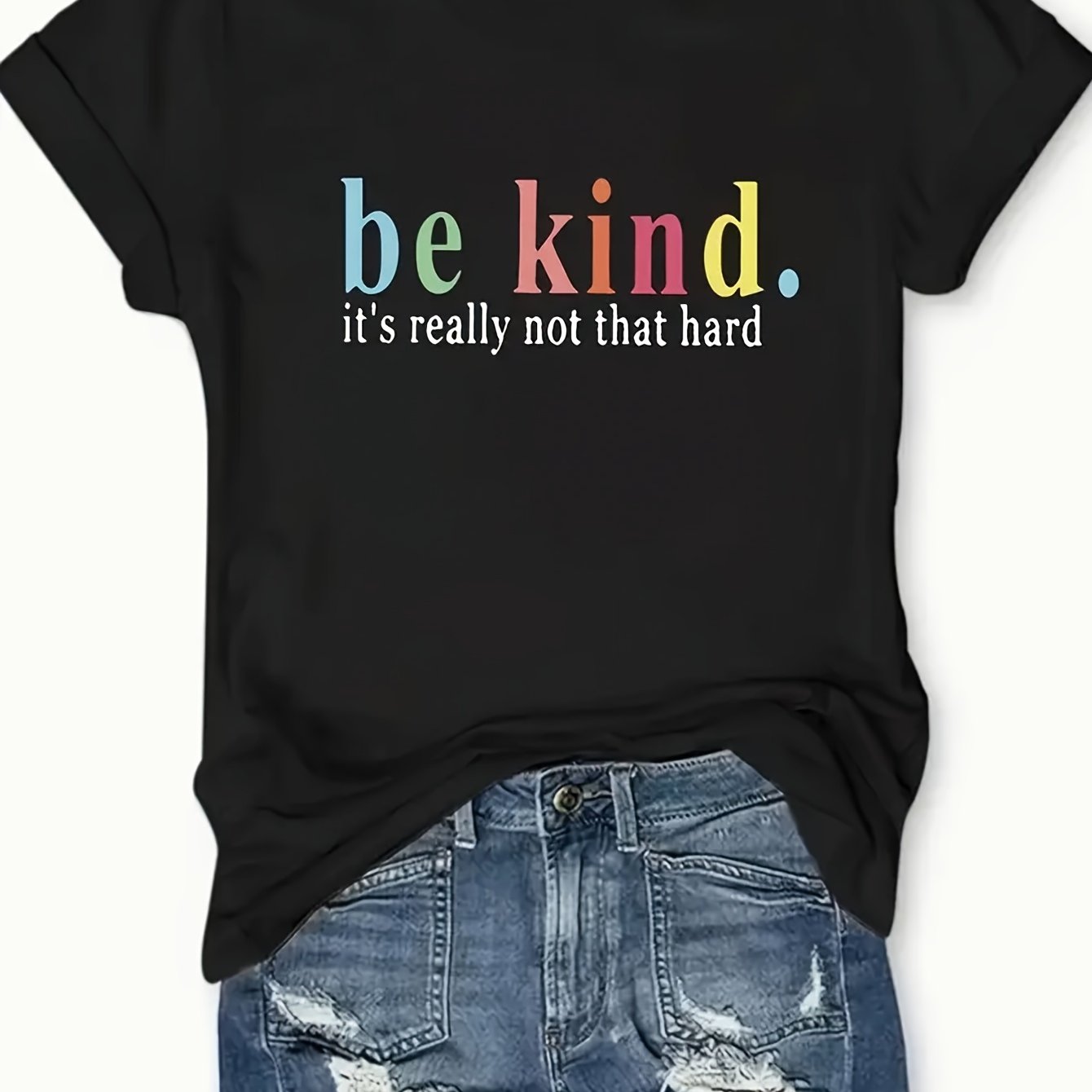 TEMU Women's Casual Short Sleeve T-shirt With "be Kind" Inspirational Print - Soft Round Neck Geometric Letter Design, Machine Washable Regular Fit