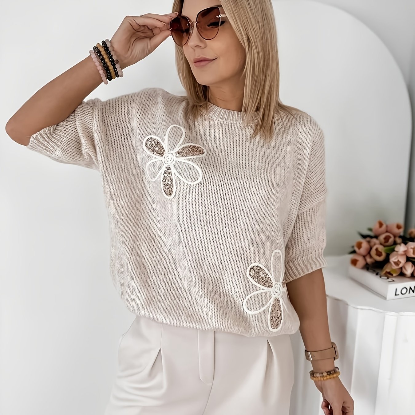 TEMU Plus Size - Plus Size - 2026 Spring Summer Women's Elegant Round Neck Pullover Versatile Fashion Loose Short Sleeve Drop Shoulder Embroidered