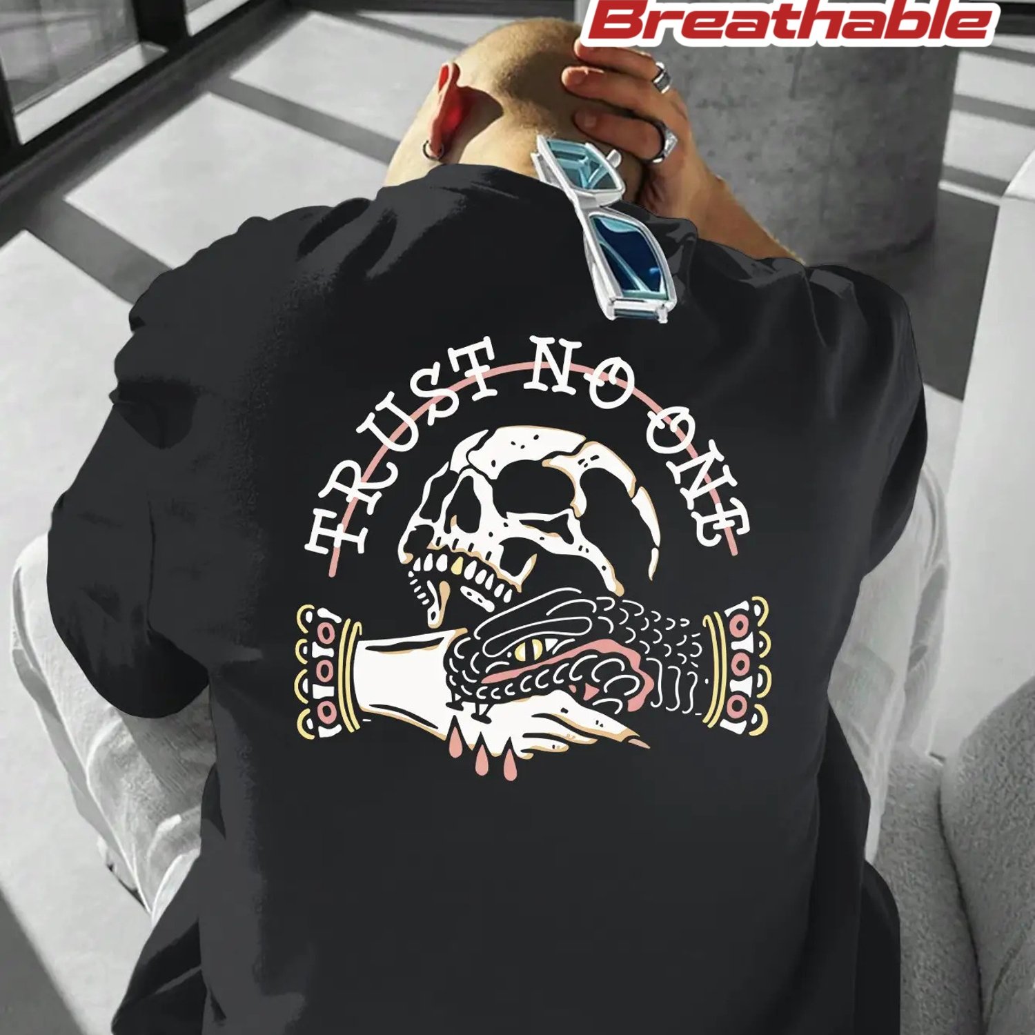 Men's Loose Fit " No One" Gothic T-shirt - Skull And Snake Print With Back Slogan, Lightweight Breathable Fabric, Casual Shirt For Urban Fashion, Punk And Heavy (machine Washable) Plus Size