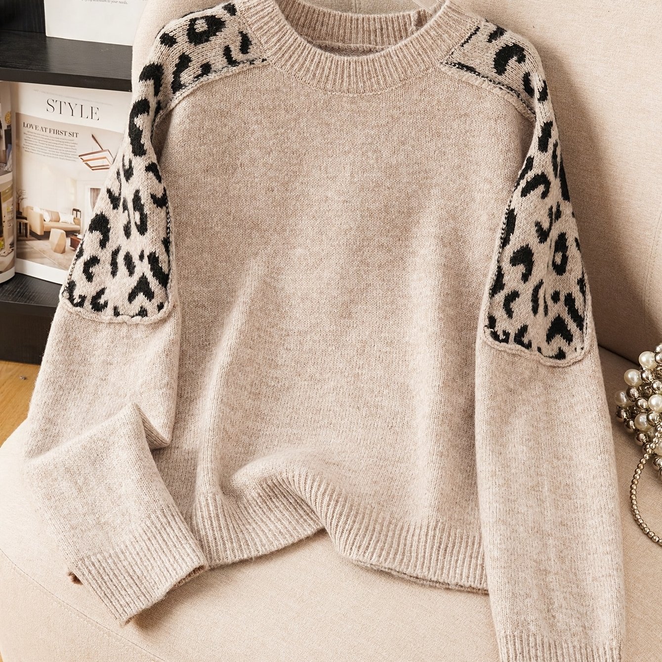 TEMU Directional Automne Hiver Femme Pull Manches Longues Col Rond Épaules Tombantes Léopard Patchwork Décontracté Haut