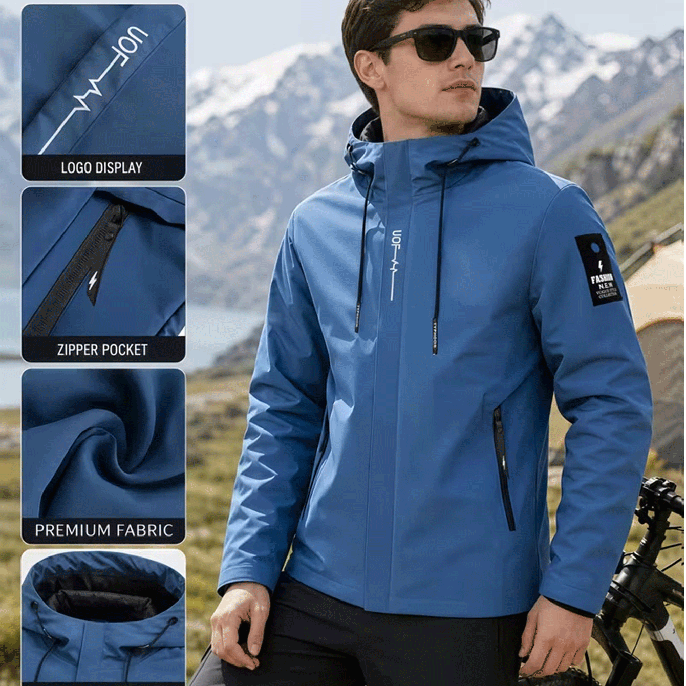Men's Plain Print Full-Zip Hooded Jacket for Outdoor Activities