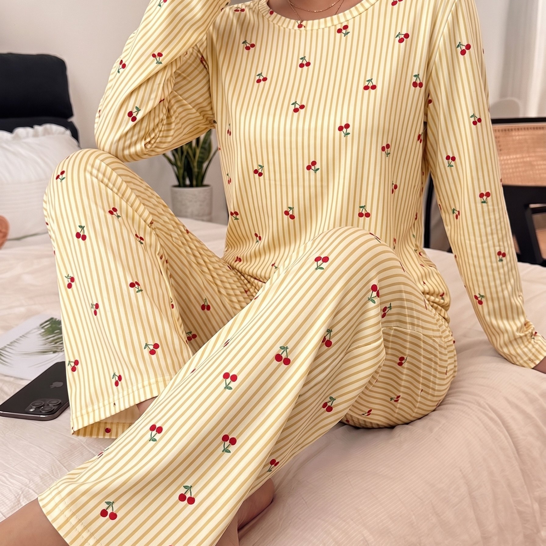 TEMU Women's Cute Yellow White Striped Cherry Print Long Sleeve Top And Pants Pajama Set, Soft Comfortable Casual Winter 2pcs Set