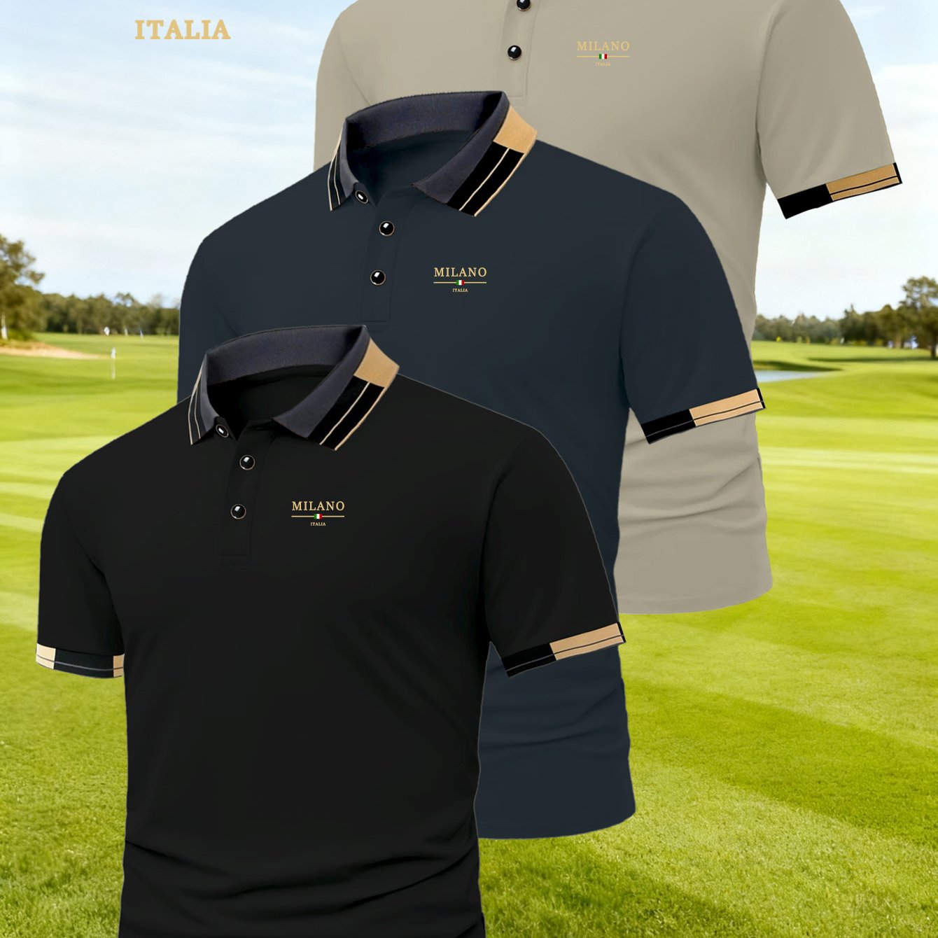 TEMU Hh4514 Golden Logo Printed Men's Golf Shirt 3pcs Set Simple And Business Commuter Breathable Versatile Sports And Leisure Be With Shirt