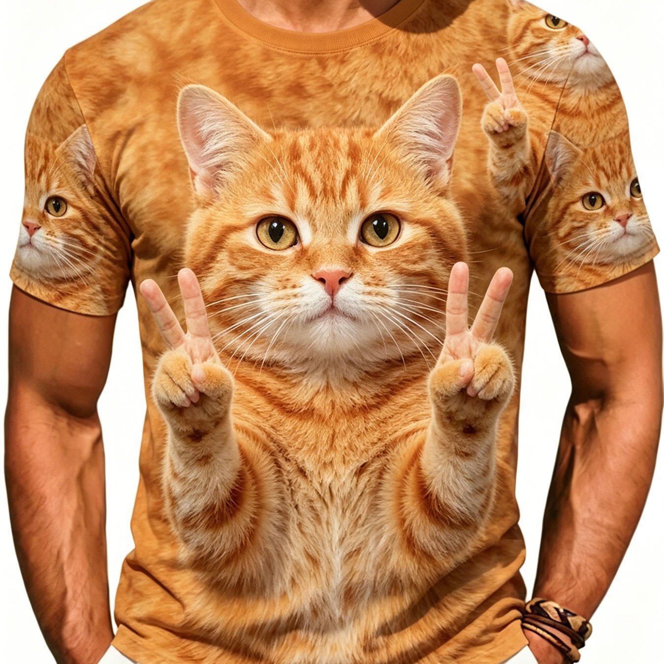 TEMU - Men's Victory Sign Orange Print Short Sleeve T-shirt, Casual Crew Neck Top, Base Layer, Trendy Victory Sign Orange Print Pattern, Versatile