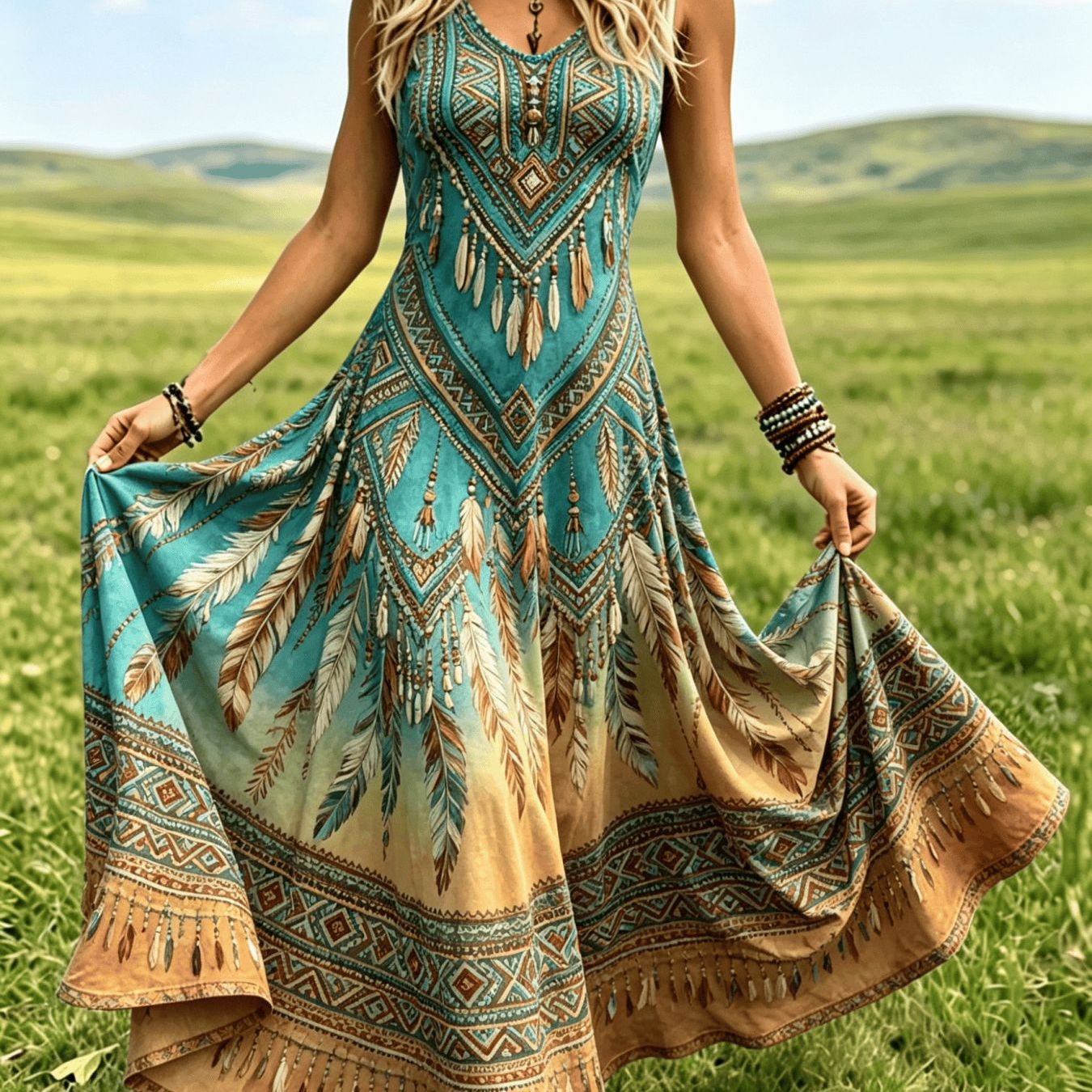 Image of Plus Size - Women's Sleeveless Maxi Dress, Bohemian And Tribal Print, V-neck A-line Casual Dress, Summer Beach Vacation Loose Fit Flowy Long Dress