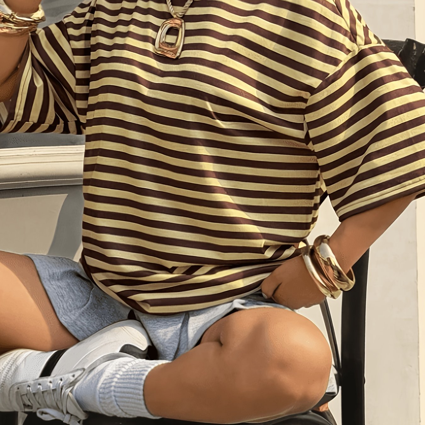 TEMU Summer Holiday Casual Wear, Yellow-brown Striped Print Loose Mid-length Round Neck Drop Shoulder Women's T-shirt Women's Outerwear Top