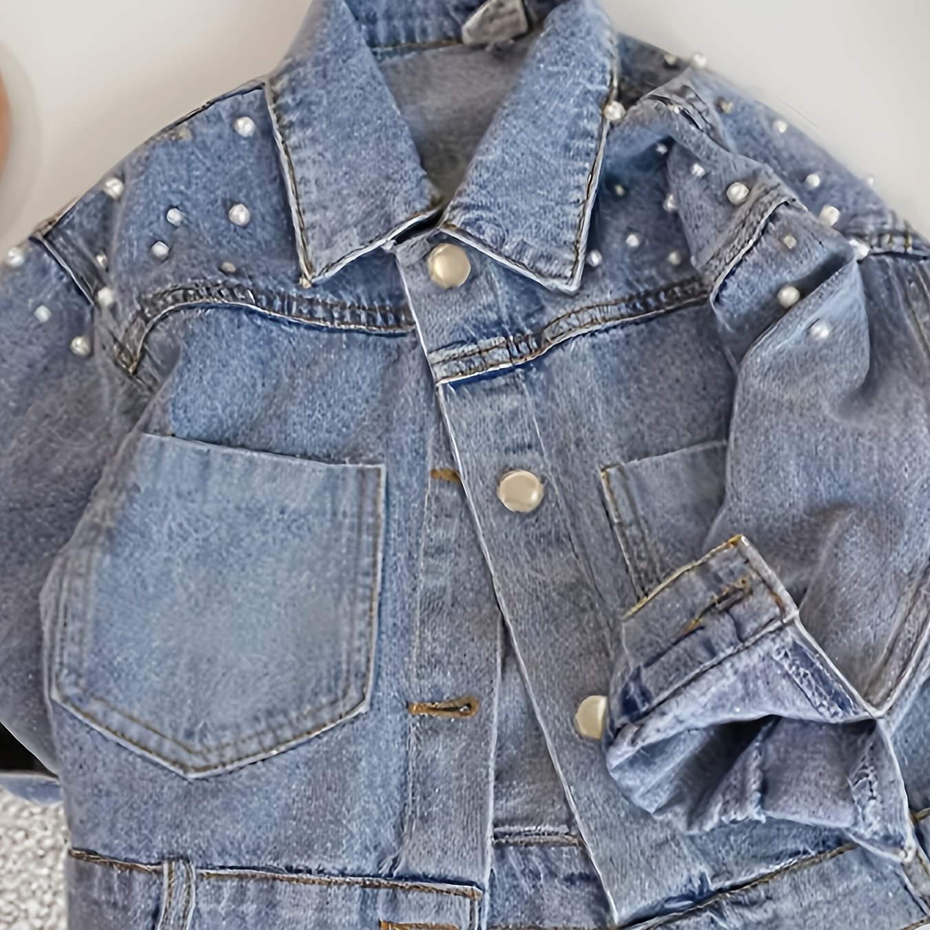 Girls' Denim Top, Spring/autumn Fashionable Simple Washed Denim Jacket With Small Pearls, Versatile Outerwear
