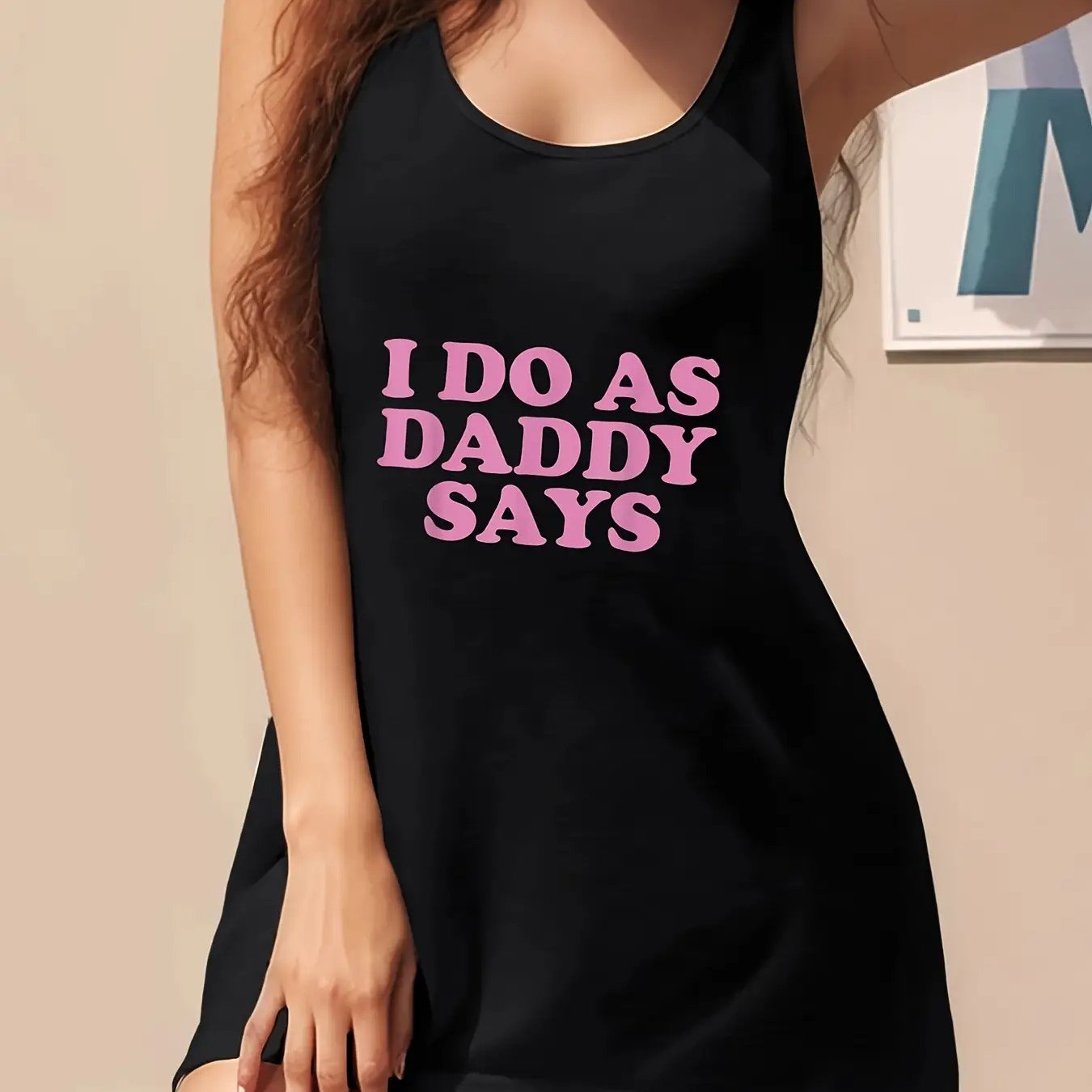 TEMU Dad's Instructions Women's Sleeveless Dress- Black Floral Tank Dress, Round Neck Elegant Spring Summer Autumn Machine Washable Fashionable Wear,