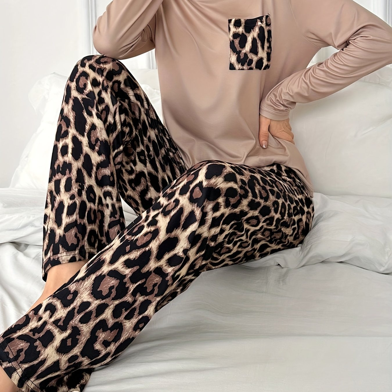 TEMU Spring, Summer, Autumn, And Winter Women's Pajamas With , Leopard Pattern Tops, Pocket Long Sleeves, And Long Pants Loungewear Set