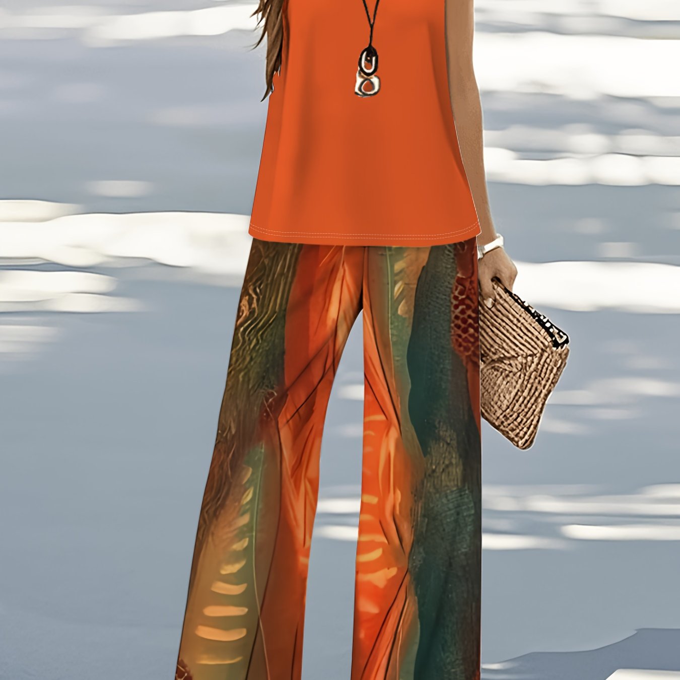 TEMU Completo da donna senza maniche e pantaloni a larga, stampa , abbigliamento casual primaverile/estivo, camicetta senza maniche | Abbigliamento