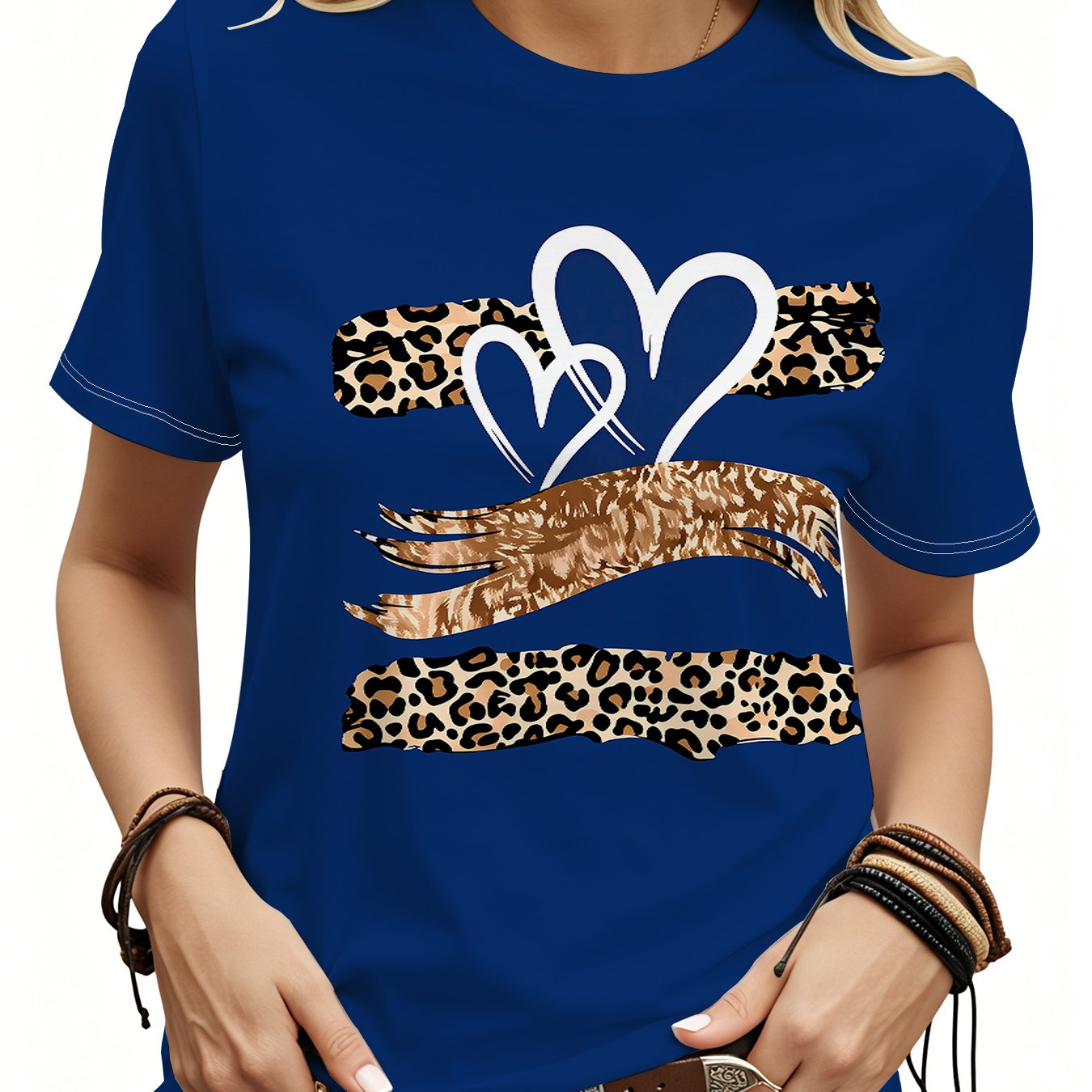 TEMU T-shirt à manches courtes pour femme, imprimé léopard sexy, col rond de cœur, style décontracté