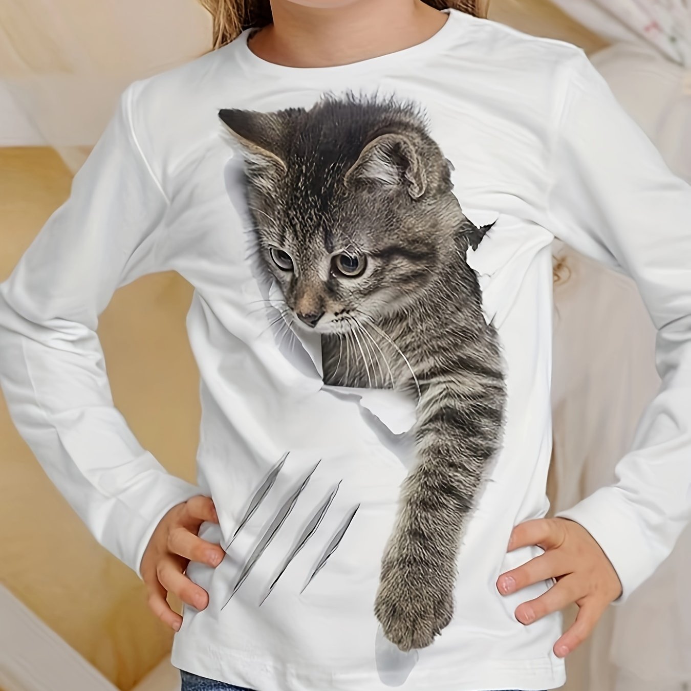 Image of Girls' Cute Kitten Print Long Sleeve T-shirt - Patterns, - Casual Wear, Soft Round Neck Blouse For, & Everyday Outfits - Machine Washable ' Top ( & Little Girls) 4+ Years