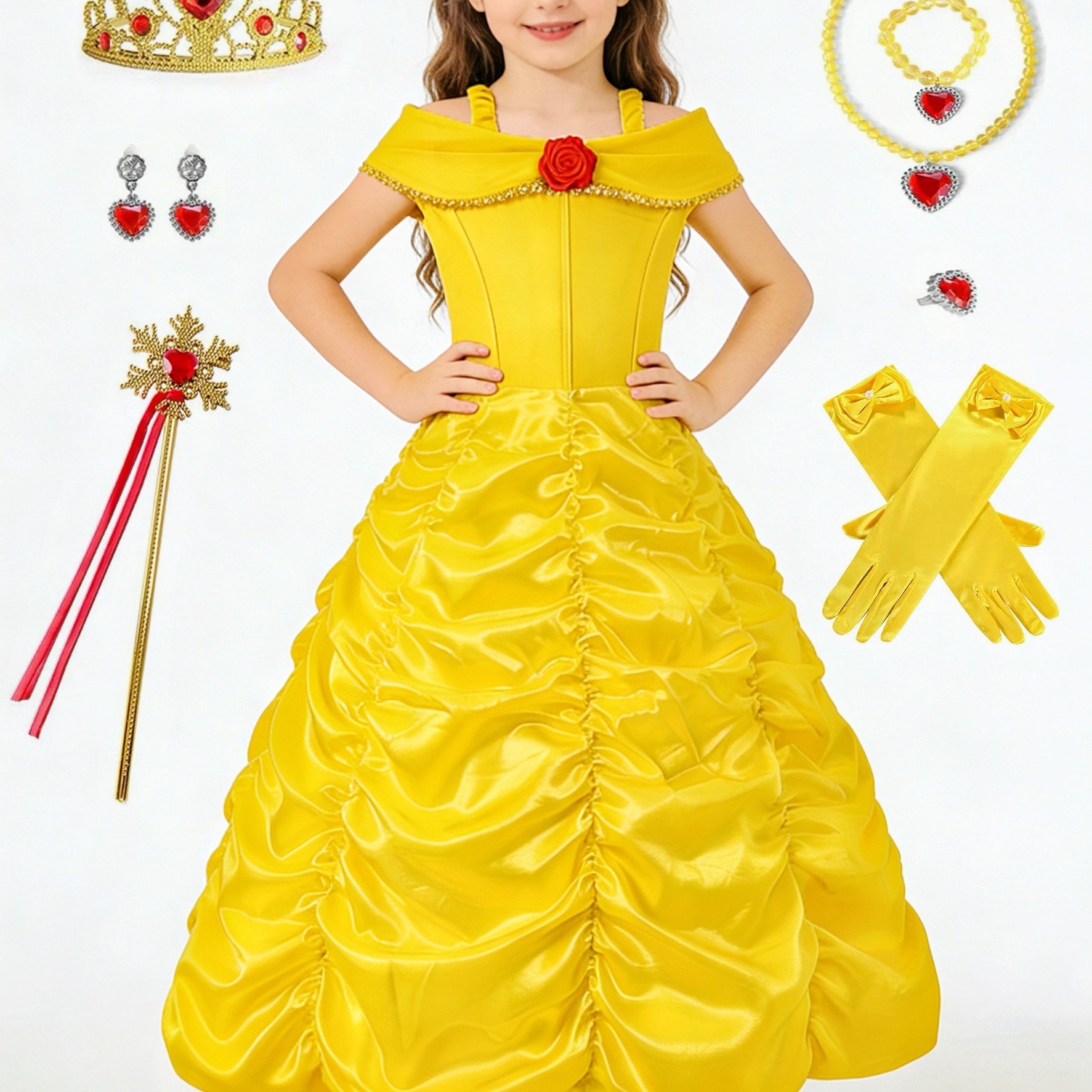 Image of For Halloween Costumes For Kids For Halloween Costumes Girls Costume Set With Gloves And Magic Wand, Red Rose Bodice Detail, Skirt, Perfect For Halloween, Carnival, Birthday Parties And Performances
