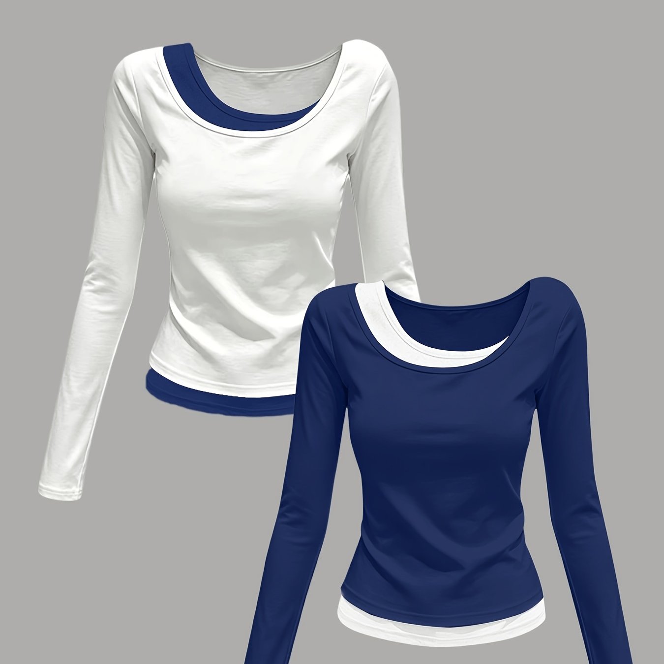 TEMU Women's Fitted Solid Color Long Sleeve T-shirt 2pcs Set - Fabric, Round Neck, Casual For Travel