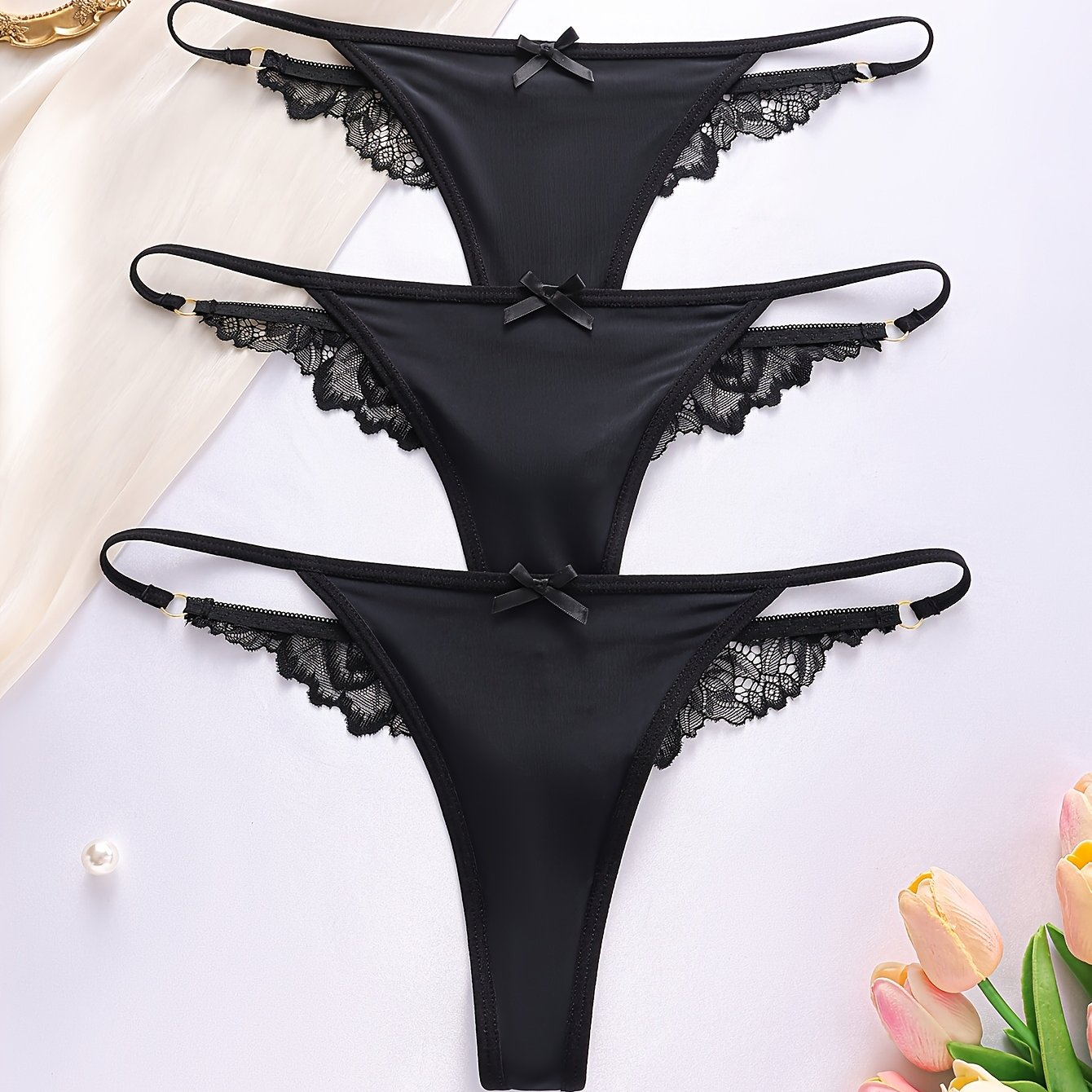 TEMU 3-pack Underwear: Comfortable And Breathable Women's Low-rise Sexy Lace Trim Thong Panties