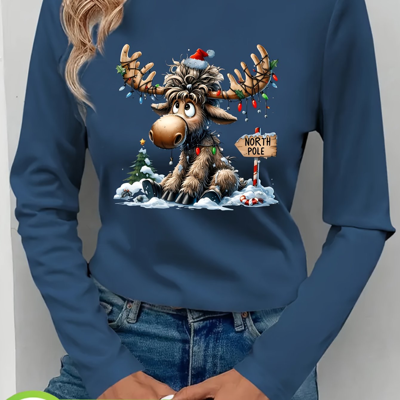 Image of Long Sleeved Tshirt, Christmas Moose, Santa At North Poleprinted, Autumn And Winter Women's Fashionable Commuting Women's Long Sleeved Tshirt