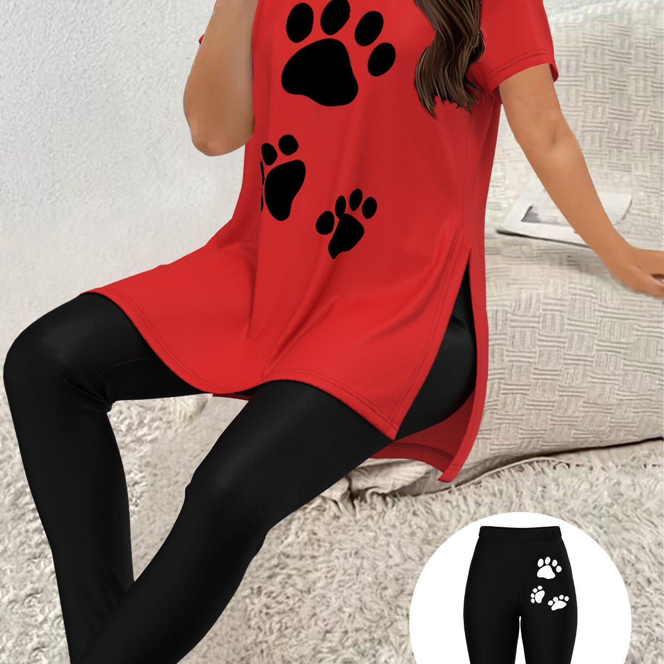 TEMU A Women's Casual Printed Short-sleeve Top With Leggings, Featuring A Round Neck With Slit Details And Made From Stretchy Fabric With Regular