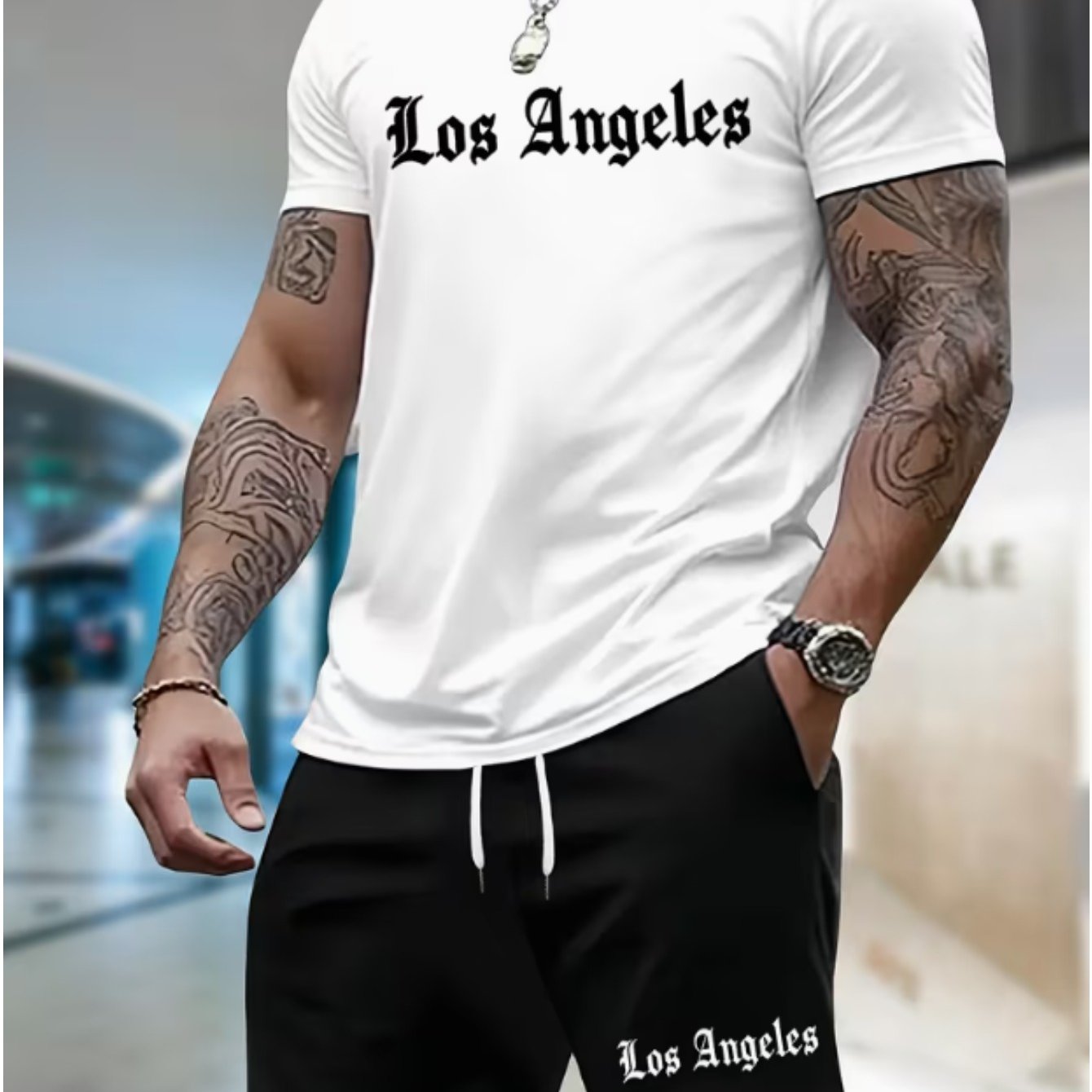 TEMU Men's Casual Short Sleeve Shorts Set, Quick-dry Easy Breathable Top With Letter Pattern Pants, Comfortable Drawstring Waist Outdoor Sportswear