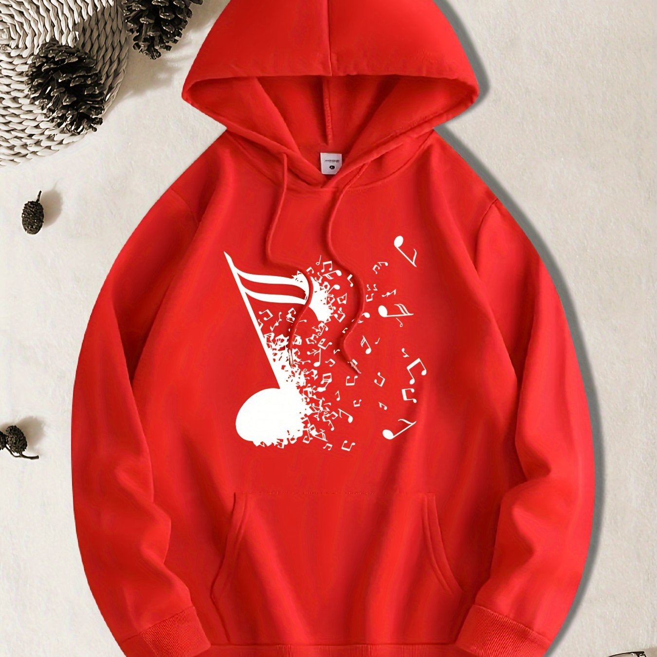 TEMU Casual Hooded Sweatshirt With Unique Artistic Musical Note Print