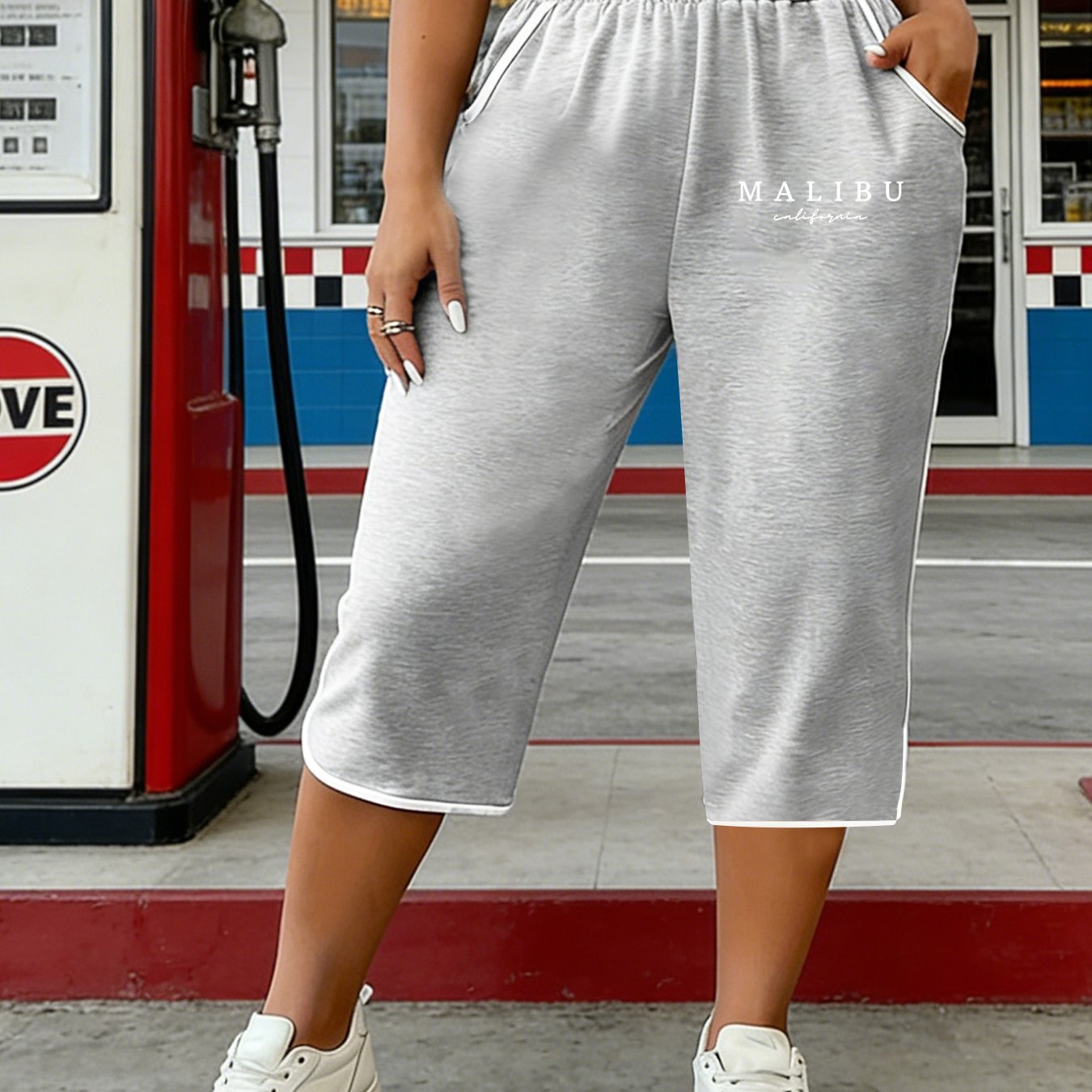 TEMU Plus Size, Plus Size Women's Letter Print White Drawstring Capri Pants With Pockets, Spring/summer Casual Streetwear Shorts
