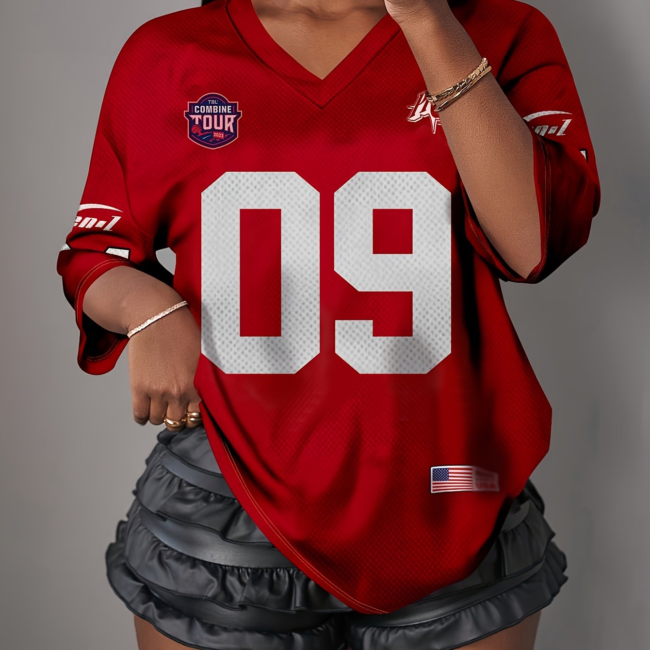 Women's Summer Casual Loose Hip-hop Style Popular Letter Print V-neck Short-sleeve T-shirt