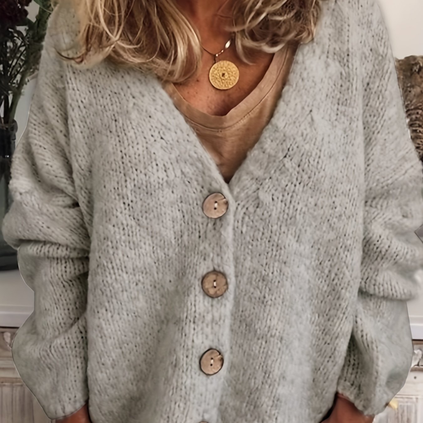 Image of Solid Color Button-up Cardigan, Casual V-neck Long Sleeve Cardigan, Suitable For Winter And Autumn, Women's Clothing