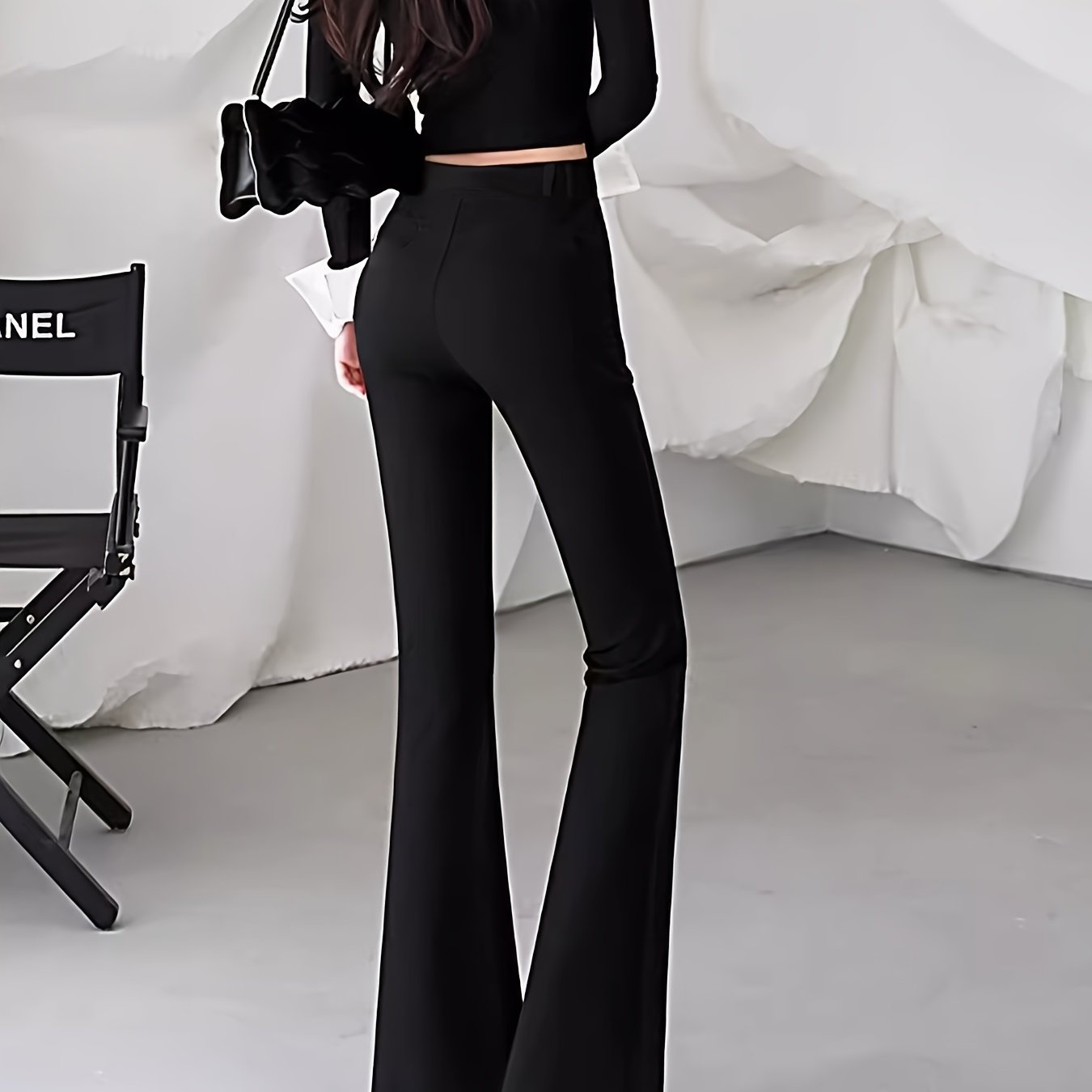 TEMU レディース 春夏秋用 ハイウエスト スリット付きパンツ 高級ブラック フレア＆丈 オフィス＆カジュアルウェアに最適