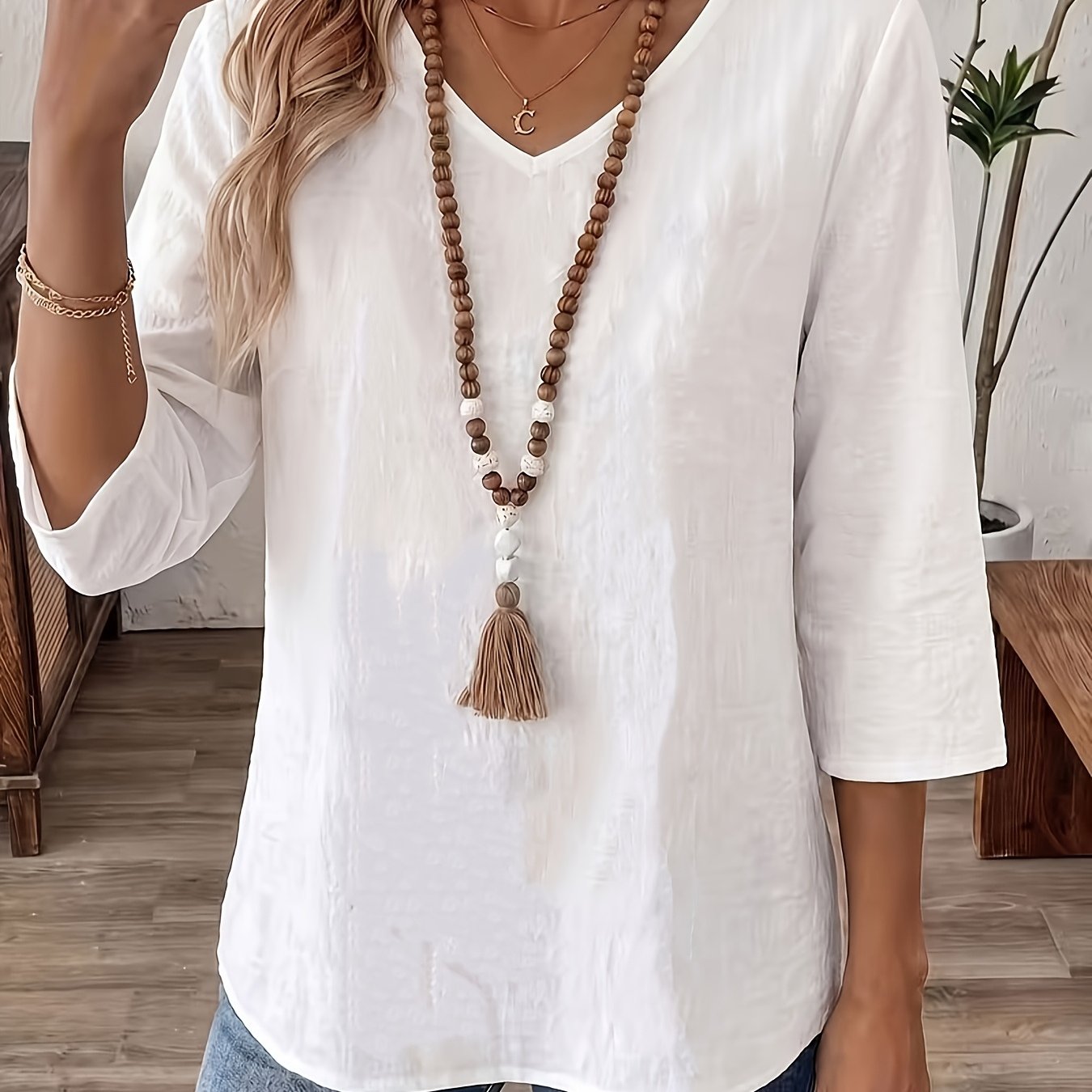 TEMU Solid Color Women's , Spring Summer Autumn Casual Easy Comfortable Blouse, Women'-quarter Sleeve V-neck Top