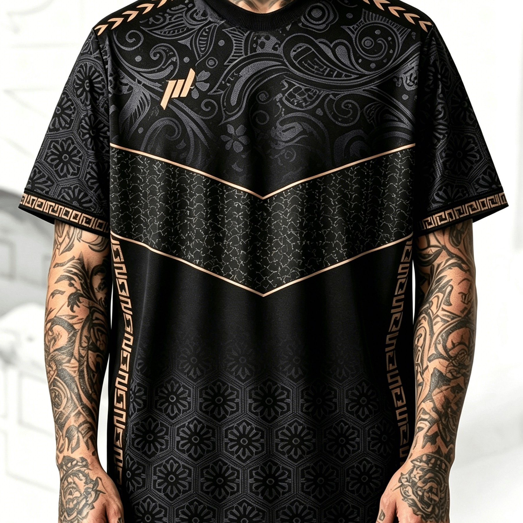 TEMU [printed Design - Not Textured] 2026 New Print Plus Size Men's Apparel, Plus Size Black And Vintage Print T-shirt - Paisley Pattern Color -