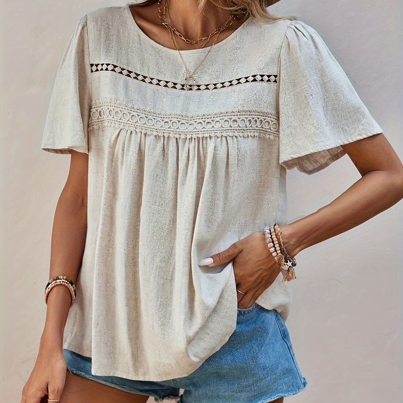 TEMU Hollow Out Crew Neck Ruched Front , Short Sleeve Top For & Summer, Women's Clothing