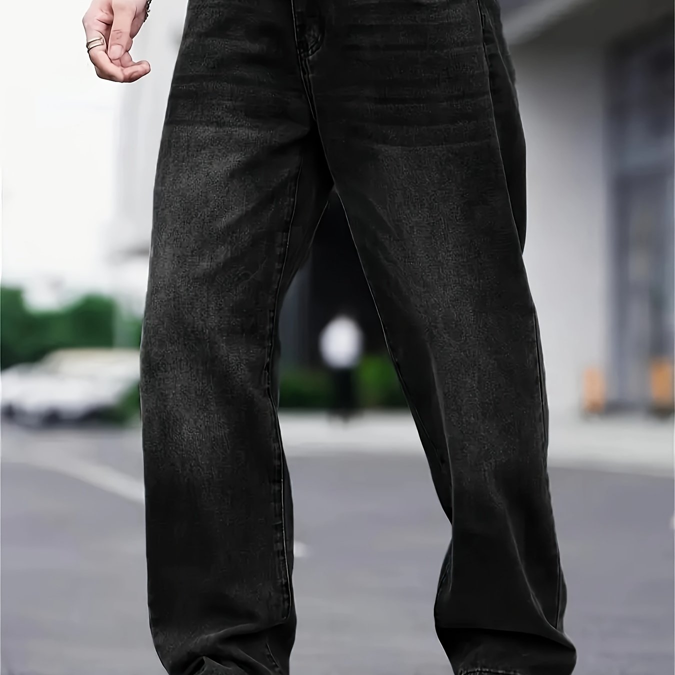 Image of Men's Fashion Hip-hop Style Loose Straight Jeans | Solid Color Straight Trousers | Loose Fit Washed Denim Jeans | Casual Essential