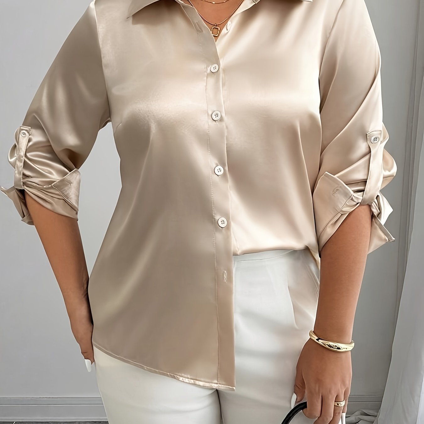 TEMU Plus Size, Women'-breasted Cuff Solid Color Elegant Glossy Shirt