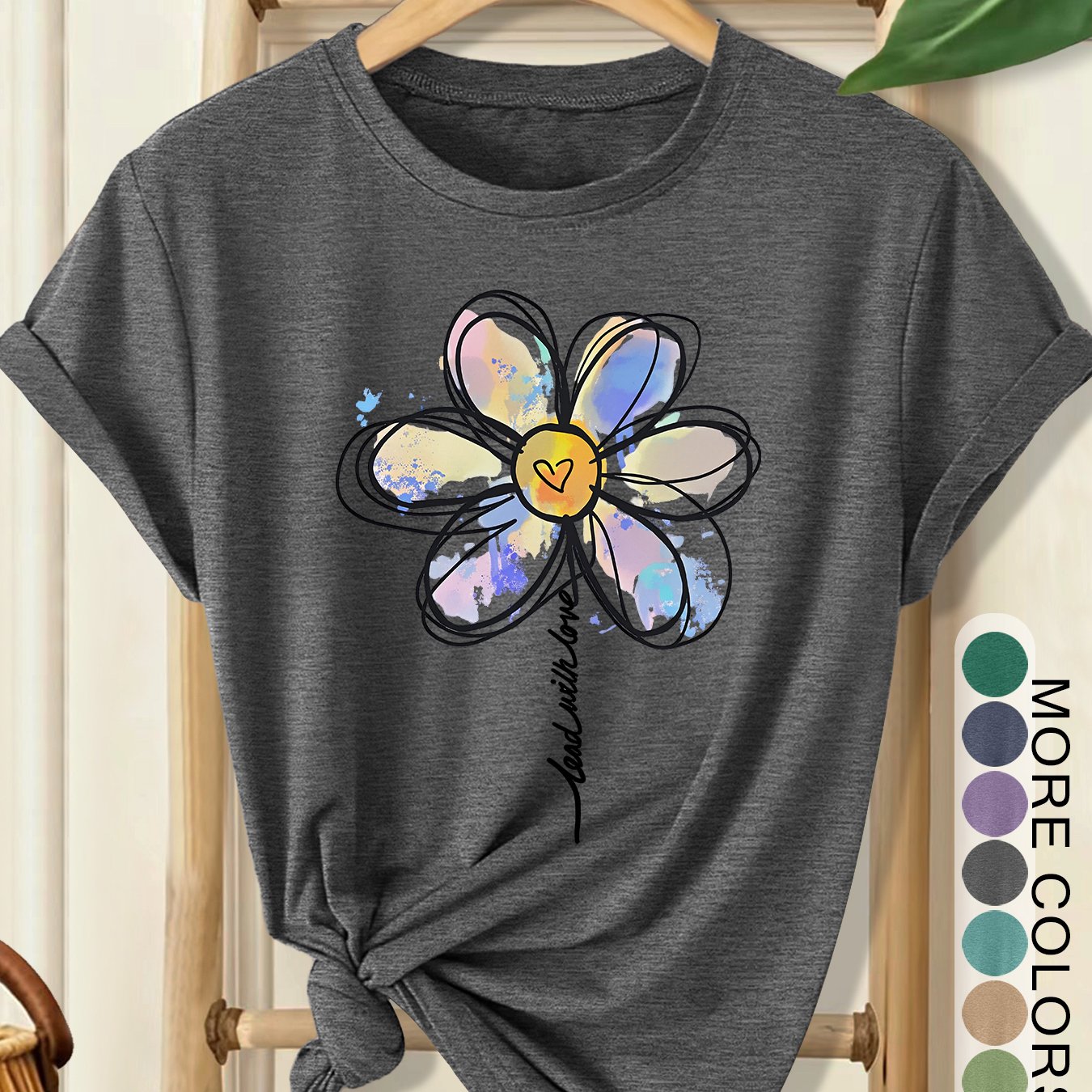 TEMU Women's Plus Size Oversized Short Sleeve Blouse-compatible Top - Hand-painted Watercolor Daisy Print Round Neck Shirt, Soft Breathable Fabric