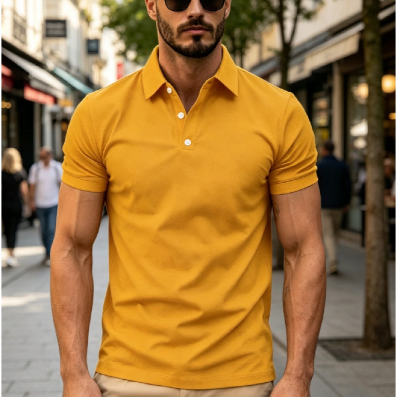 TEMU [printed Design - Not Textured] 2026 Men's New High-end Summer Solid Turmeric Yellow Plain Fit Casual Short-sleeve Shirt, Fashionable Men's