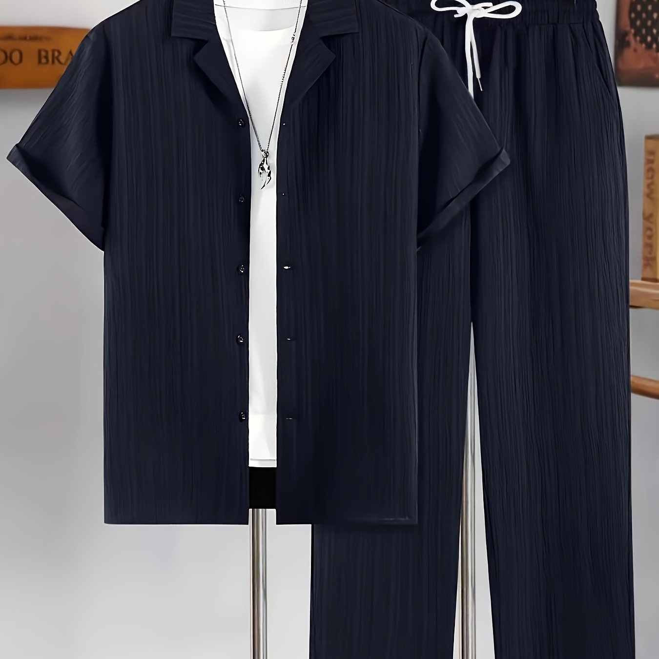 Men's 2pcs Casual Suit, Short Sleeved Button-up Shirt Top, Drawstring Waist Pants, Suitable For Casual Daily Wear In Summer