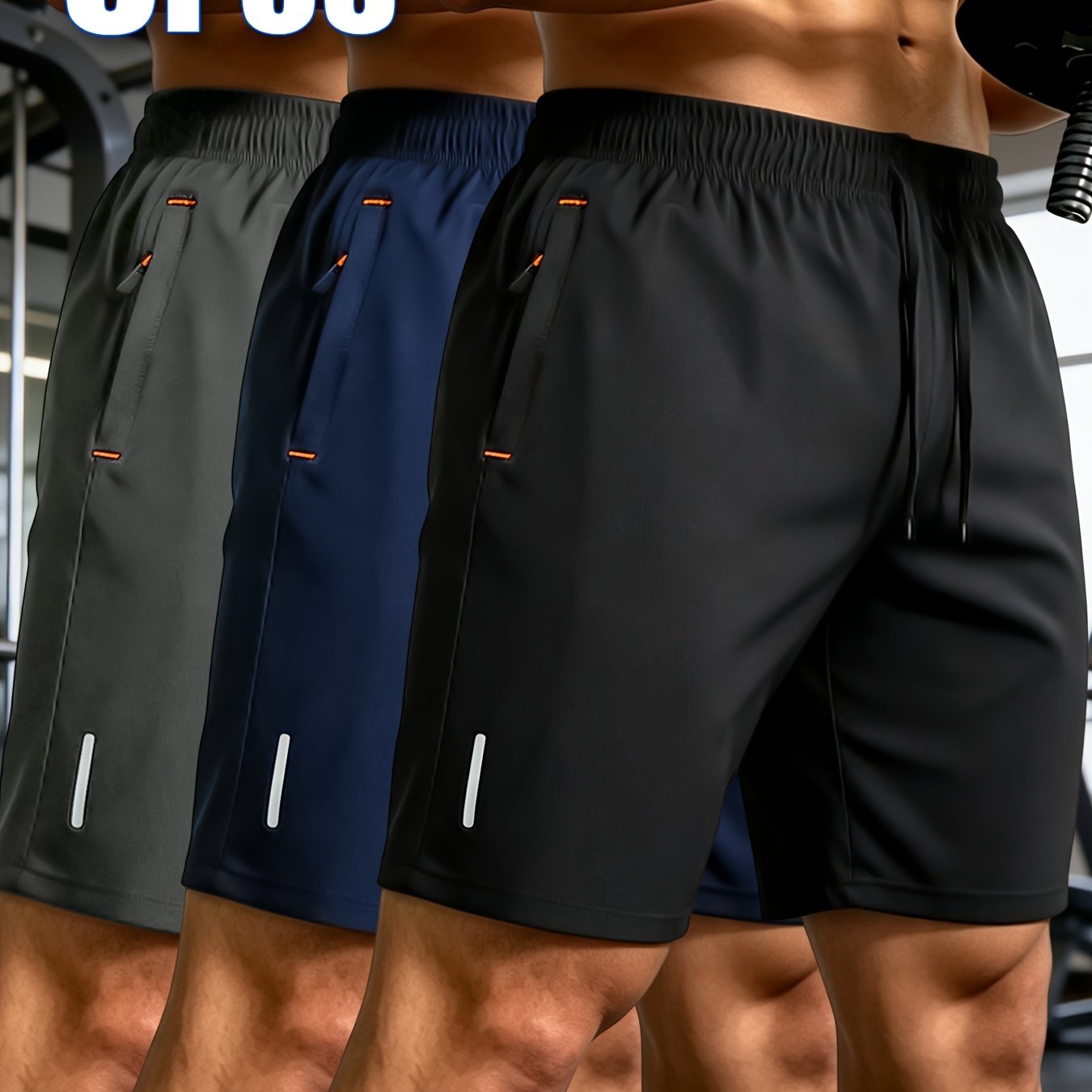 Image of Three-pc Men's Sports Shorts, Gym- Solid Color Breathable Quick-dry, With Zipper Pockets And Drawstring Waist, Suitable For Outdoor Sports And Workout Fitness
