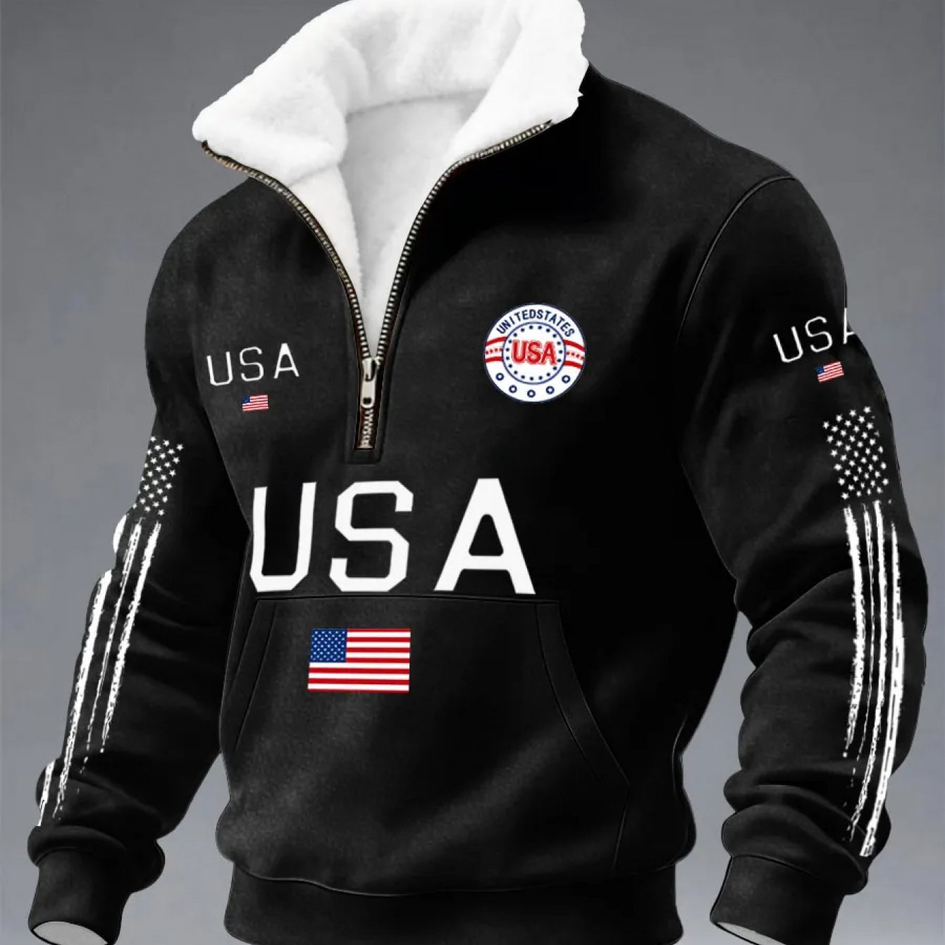 TEMU Men's Black Quarter-zip Long-sleeve Fleece Collar Pullover Hoodie, -friendly Comfortable Patriotic Casual Top With Durable Fabric - Must-have