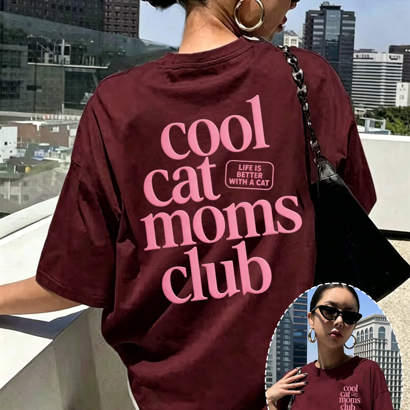 TEMU Women's T-shirt, Front And Back Display Mom Club, Cat Print T-shirt, Short Sleeve Round Neck Casual Top, Suitable For Summer And Spring, Women's