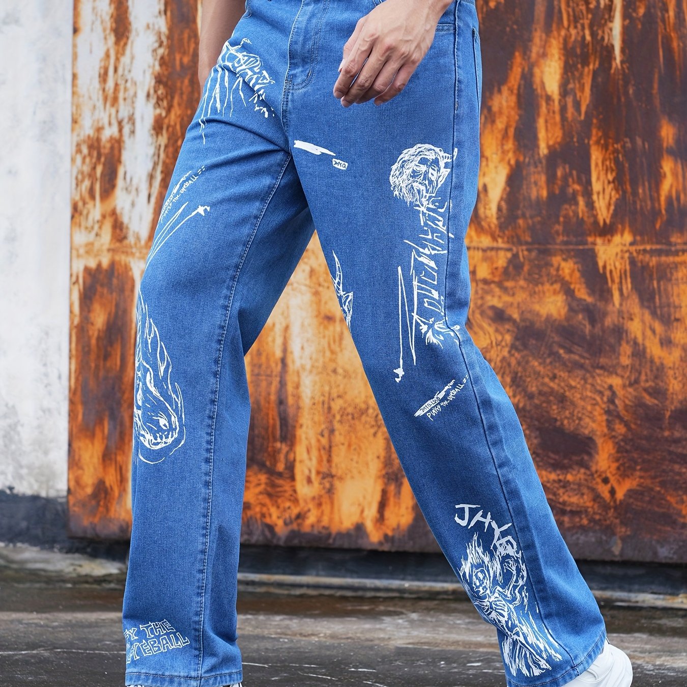 mens high end denim jeans blue graffiti print straight leg - Temu