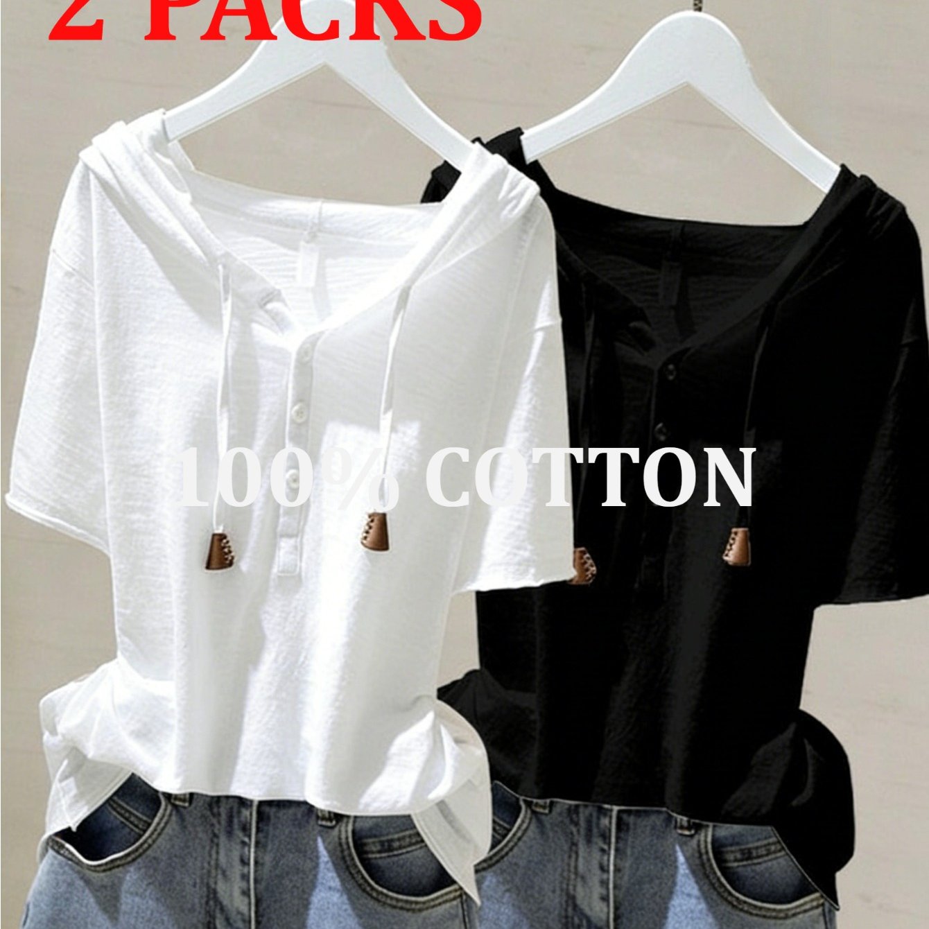 TEMU 2pack 100% Short Sleeve Hoodies For Women, Casual Spring Summer Hooded Tops, High Quality