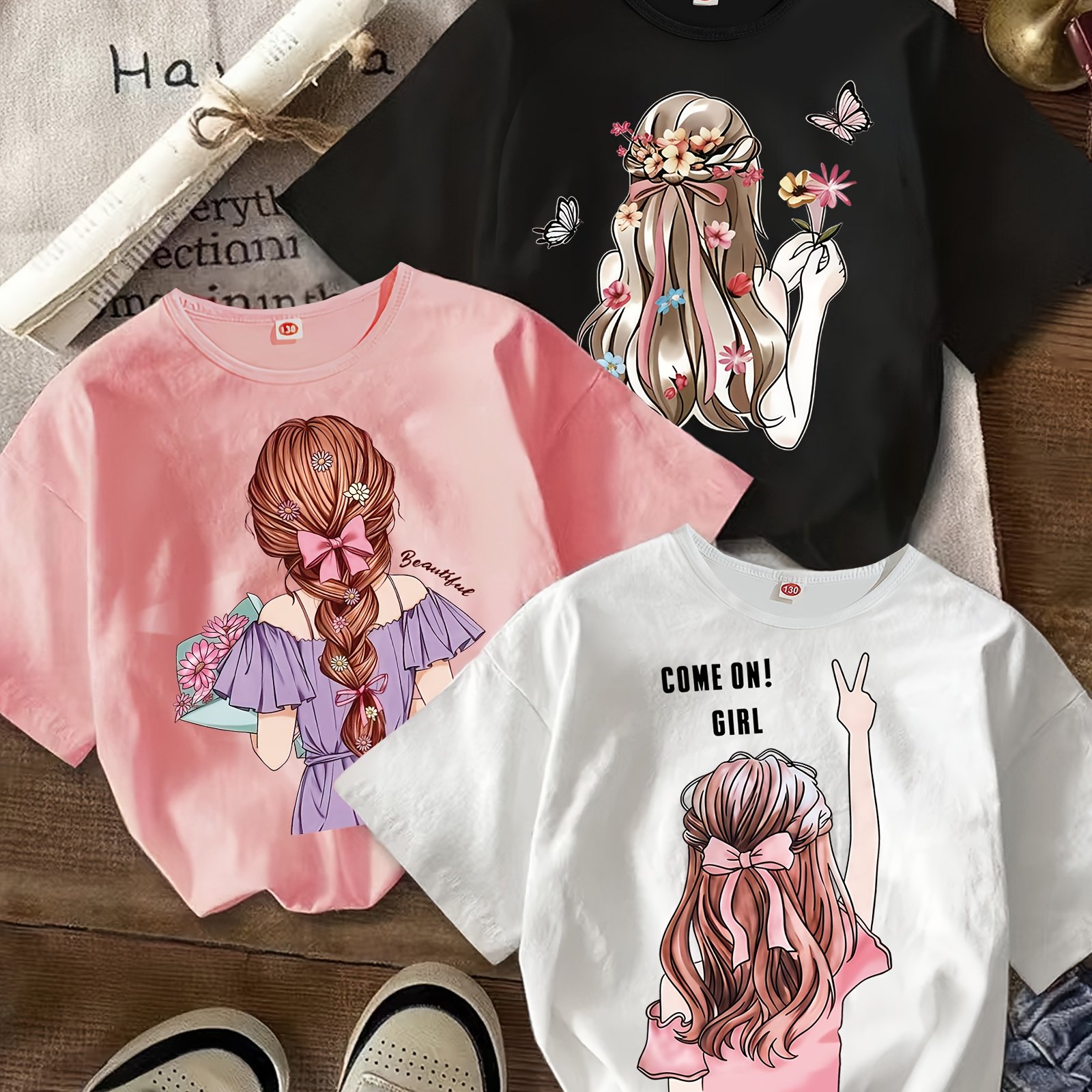 3pcs Trendy Short Sleeved T-shirt For Girls, Comfortable Polyester Fiber Casual Summer Top With Beautiful Cartoon Girl Back Pattern Print