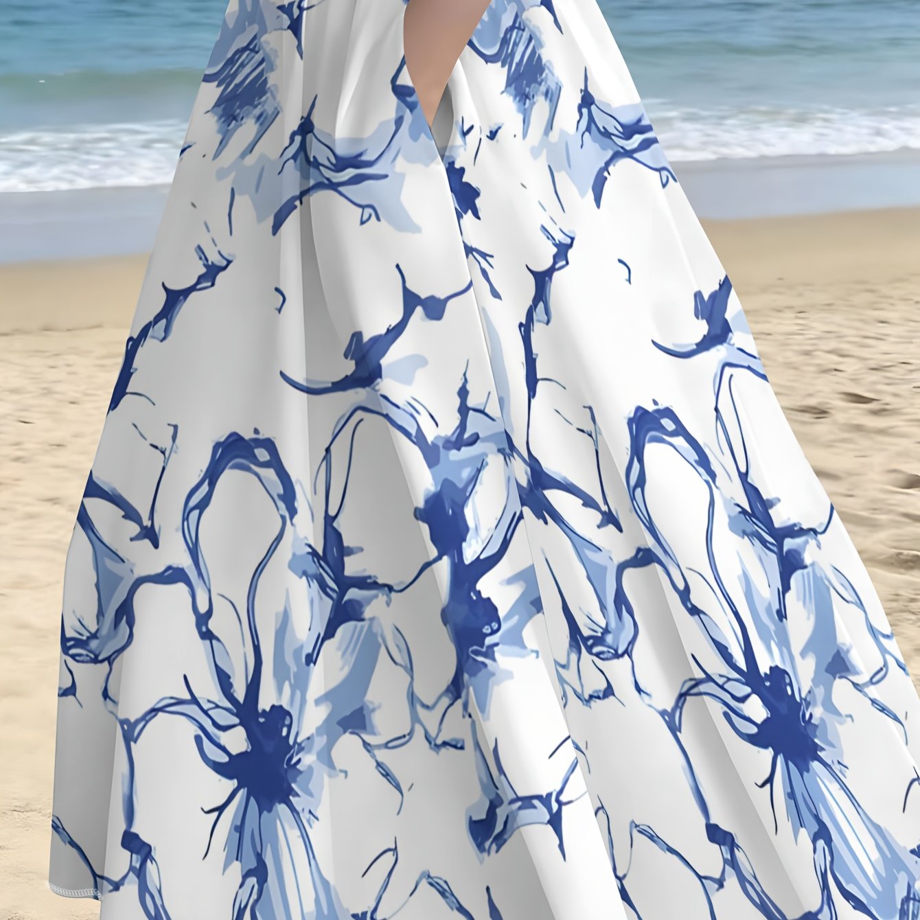 TEMU Blue And White Porcelain Patterned Skirt, Summer Casual