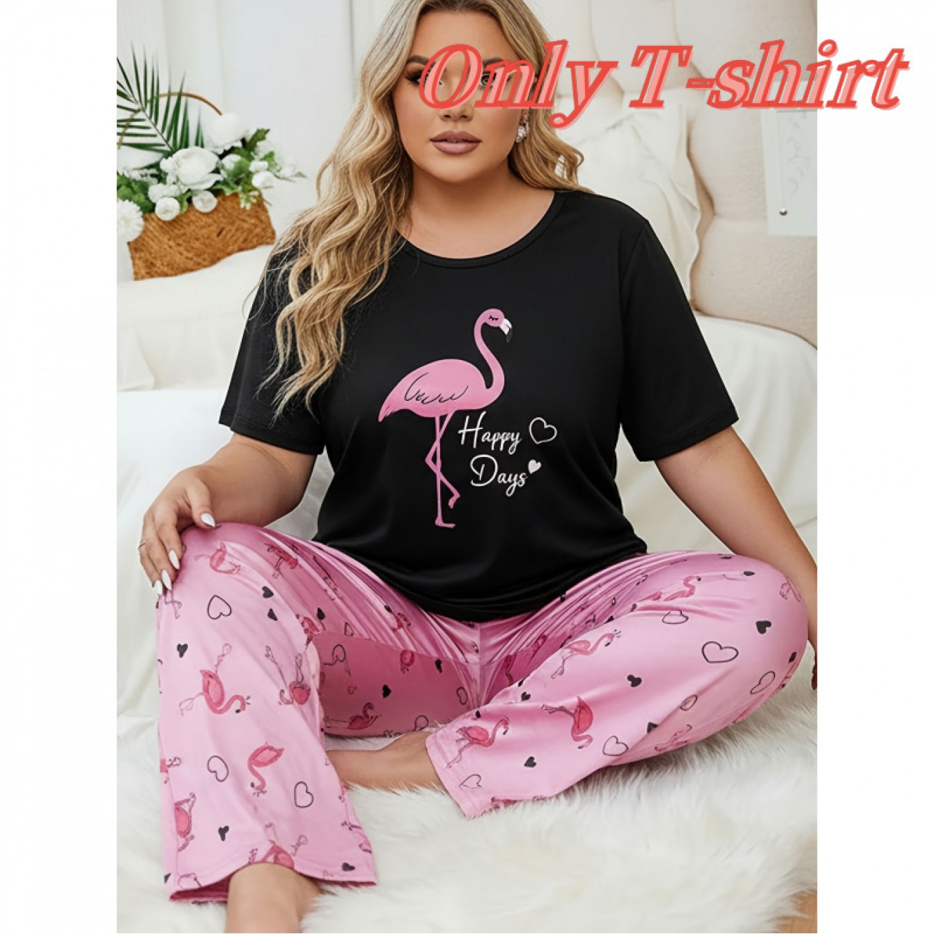 This Set Of A Single T-shirt, Women's Pajamas Featuring A Flamingo Design, A Short-sleeved Top, And Relaxed- Heart-shaped Lounge Attire