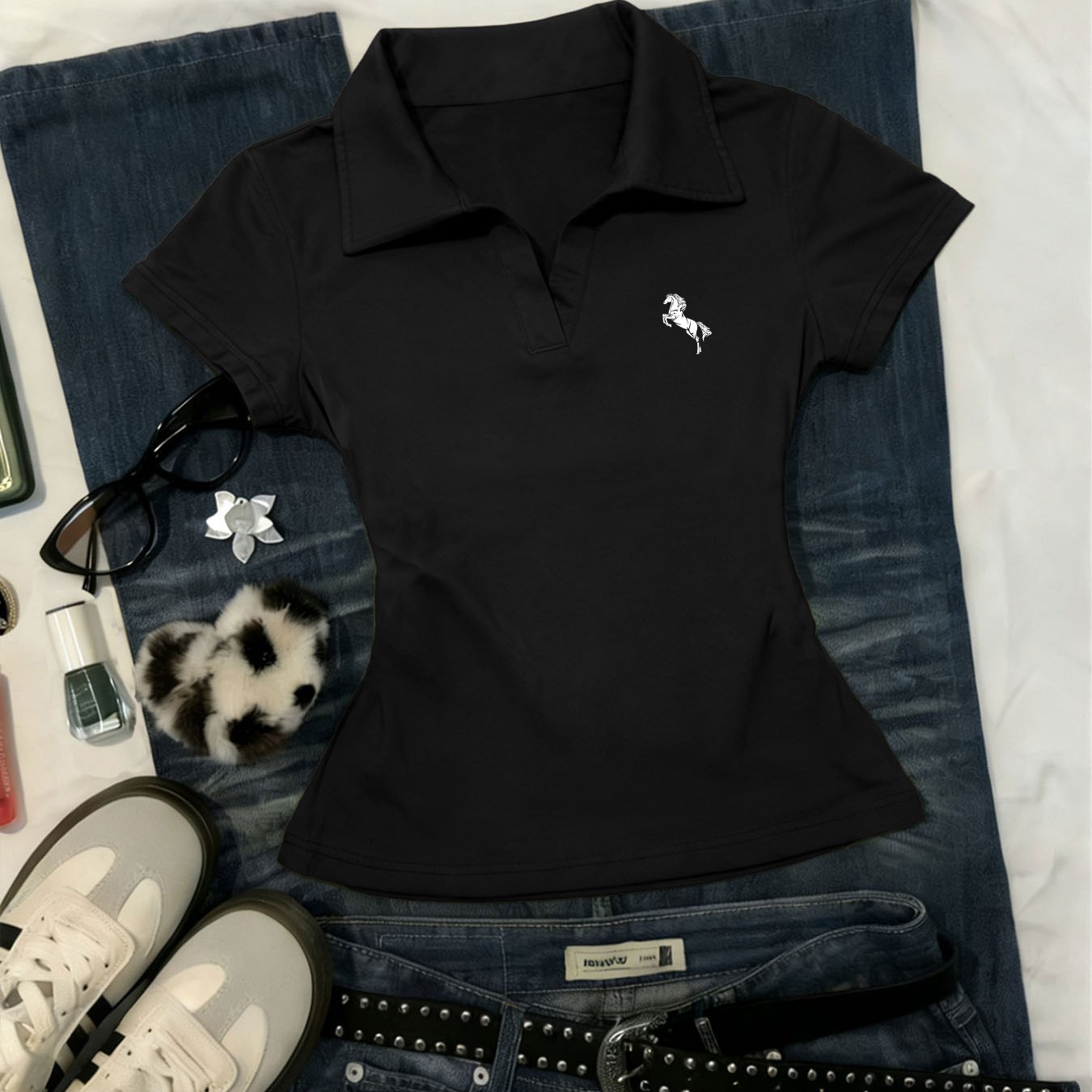TEMU Y2k Collared Shirt, A Popular Women's Easy Shirt With A Slim Fit, Small V-neck, And Short Sleeves; A New Style Of, Shoulder T-shirt For Women