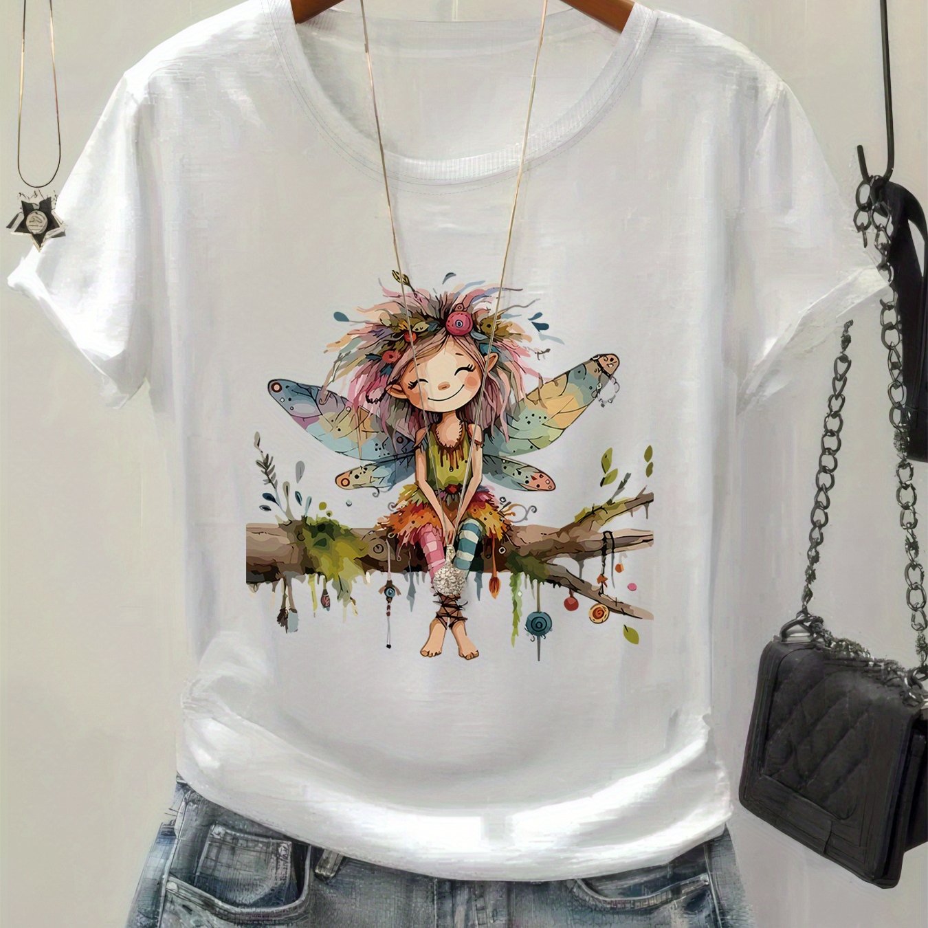 Image of Women&;s Whimsical Fairy Watercolor Graphic Print T-shirt - Short Sleeve Crew Neck Casual Top For , Machine Washable, Casual Attire, Soft Texture Shirt