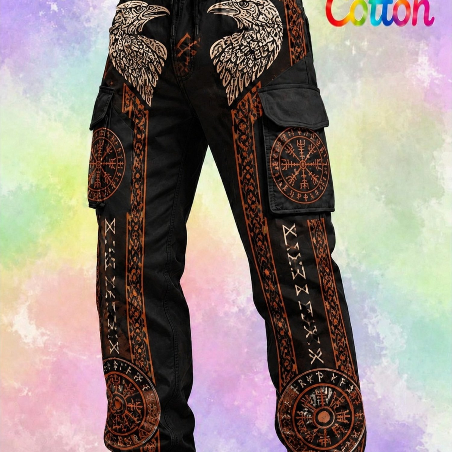Image of 's Lace-up Retro Cargo Pants With Viking Print, Suitable For Work And Casual Wear. Features Multiple Practical Pockets. A Stylish And Versatile Men's Garment For Occasions