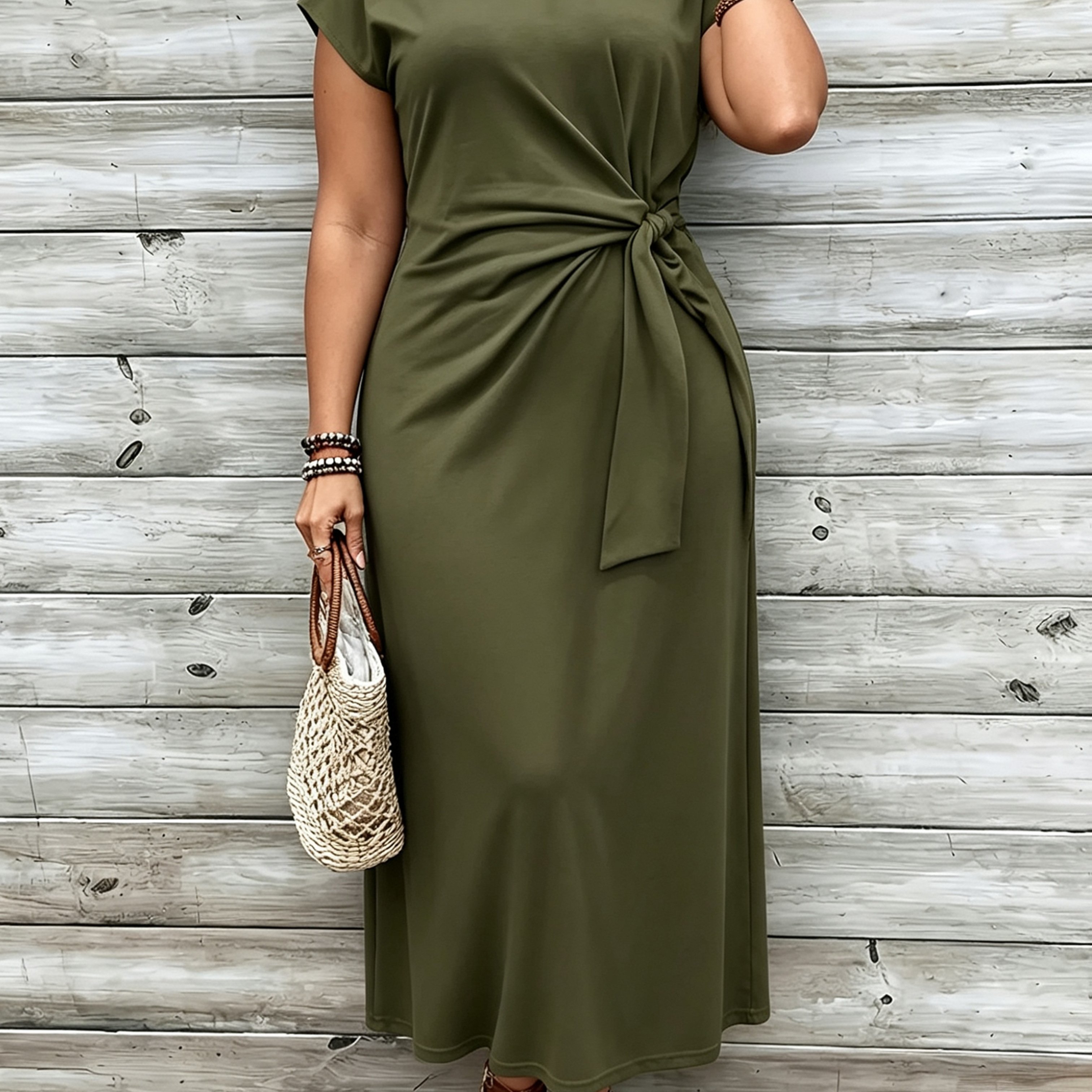 TEMU Plus Size - Solid Shoulder Sleeve Belted Plus Size Dress, Elegant Vacation Women's Clothing For Spring And Summer